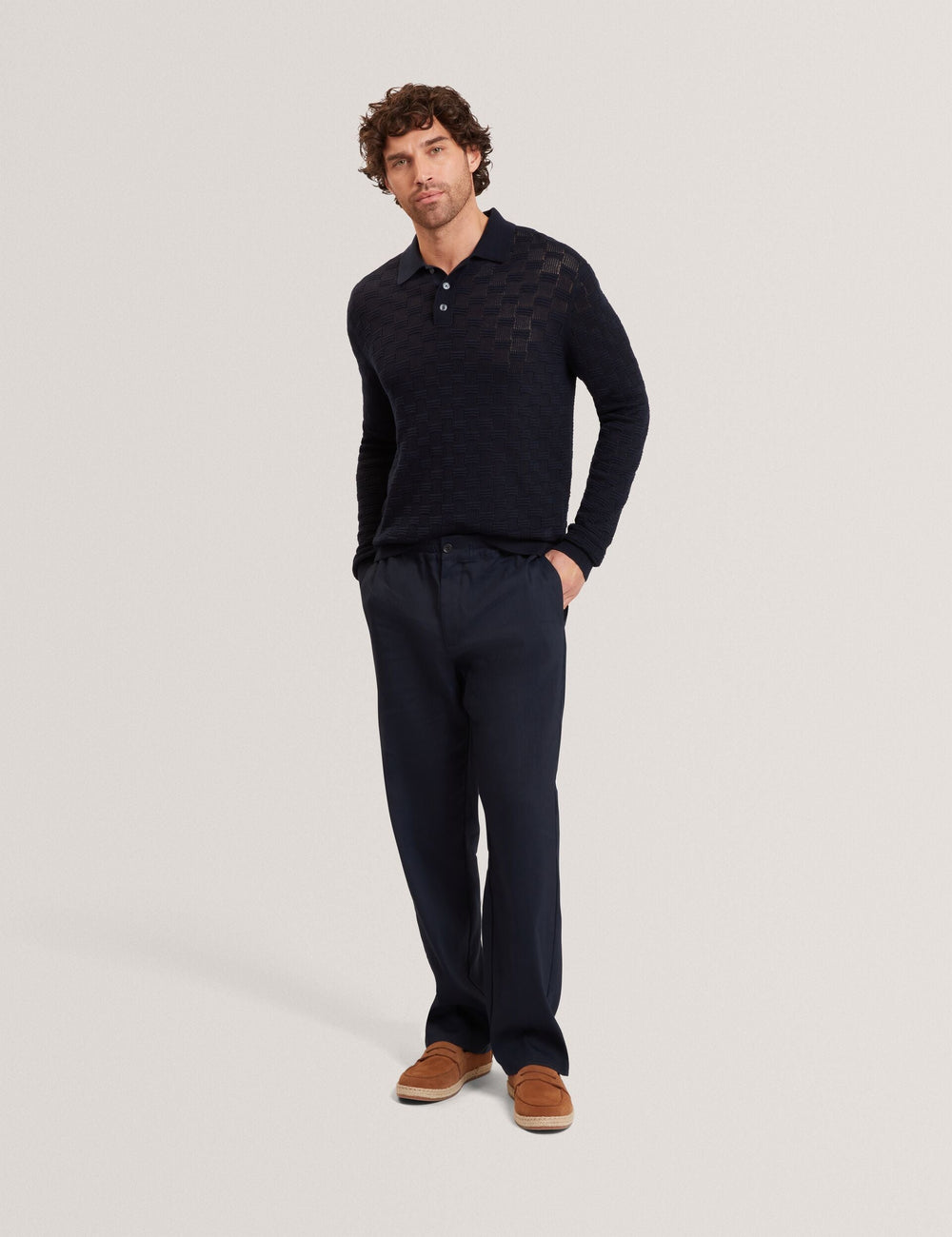 Men OSAKA Basket Texture Silk Blend Long Sleeve Polo - Ted Baker