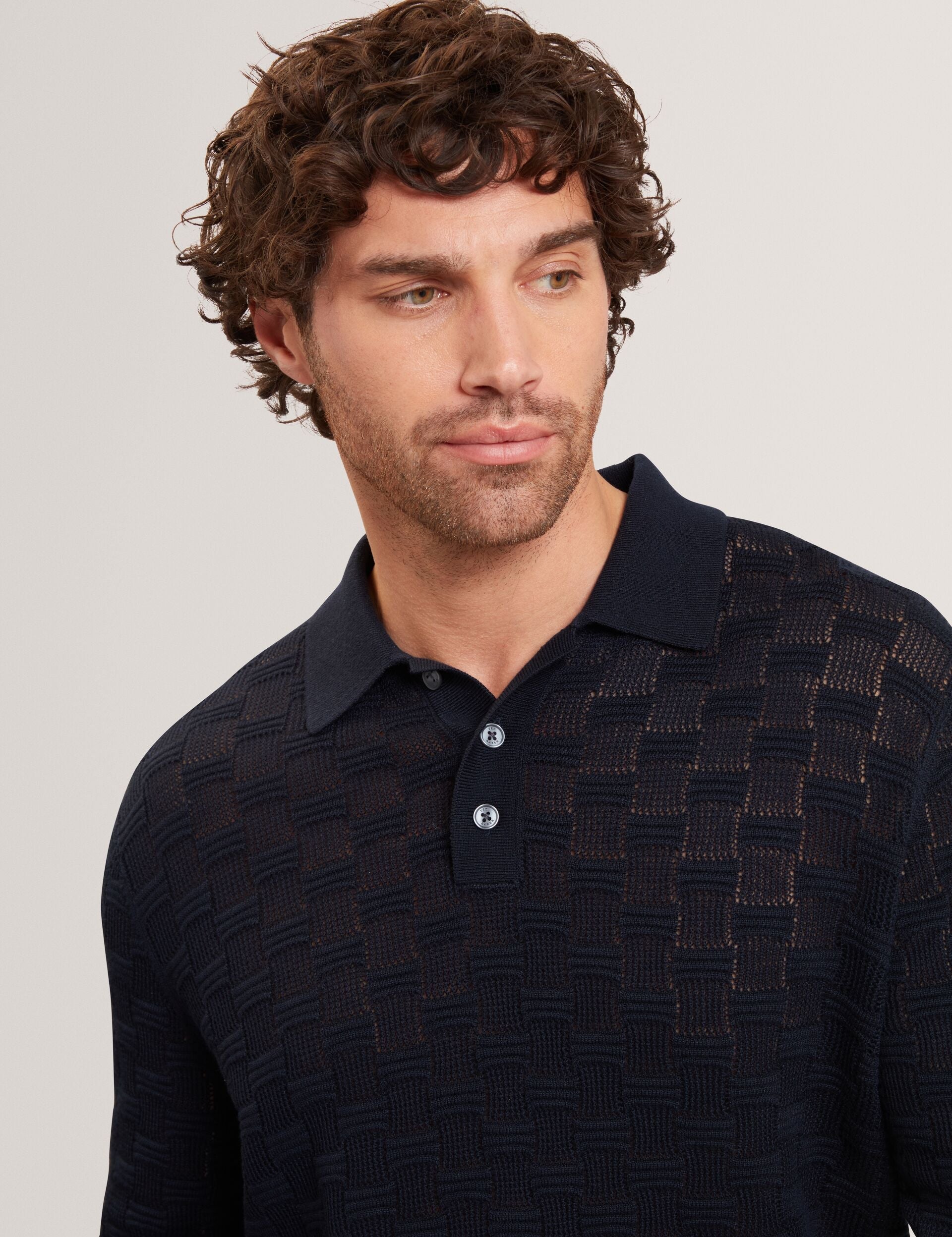 Men OSAKA Basket Texture Silk Blend Long Sleeve Polo - Ted Baker