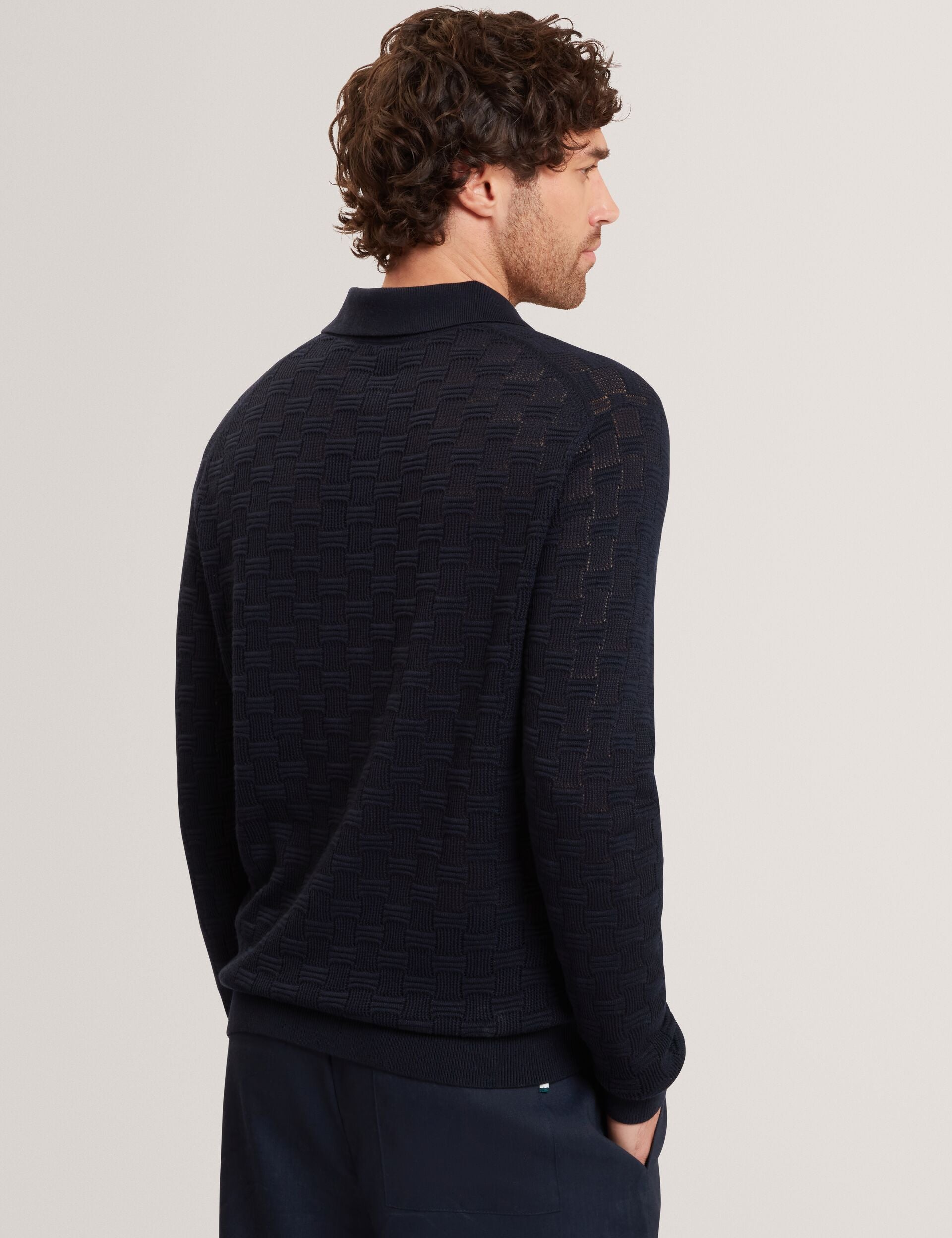 Men OSAKA Basket Texture Silk Blend Long Sleeve Polo - Ted Baker