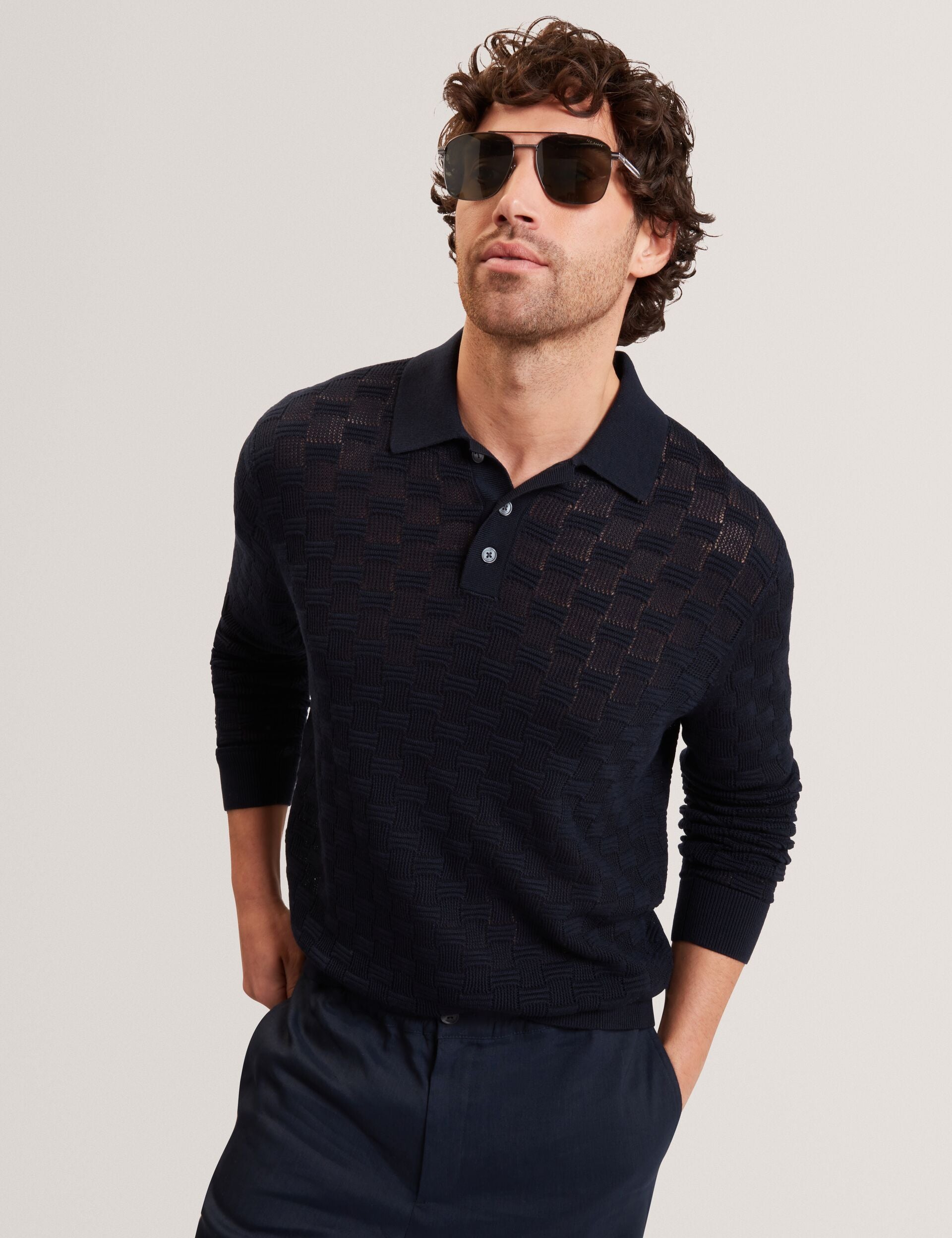 Men OSAKA Basket Texture Silk Blend Long Sleeve Polo - Ted Baker