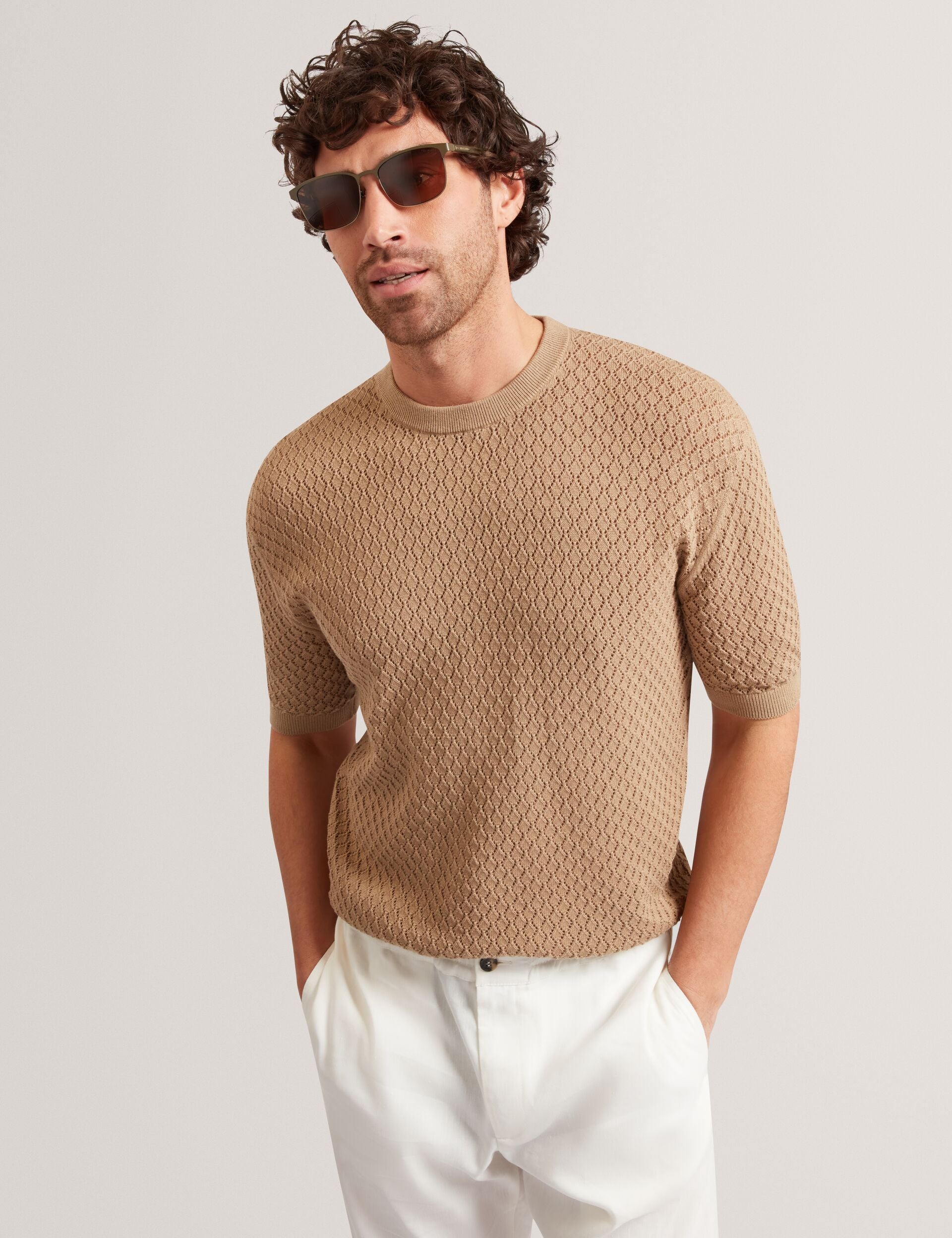 Men FERRISS Diamond Crochet Knit Cotton T-Shirt - Ted Baker