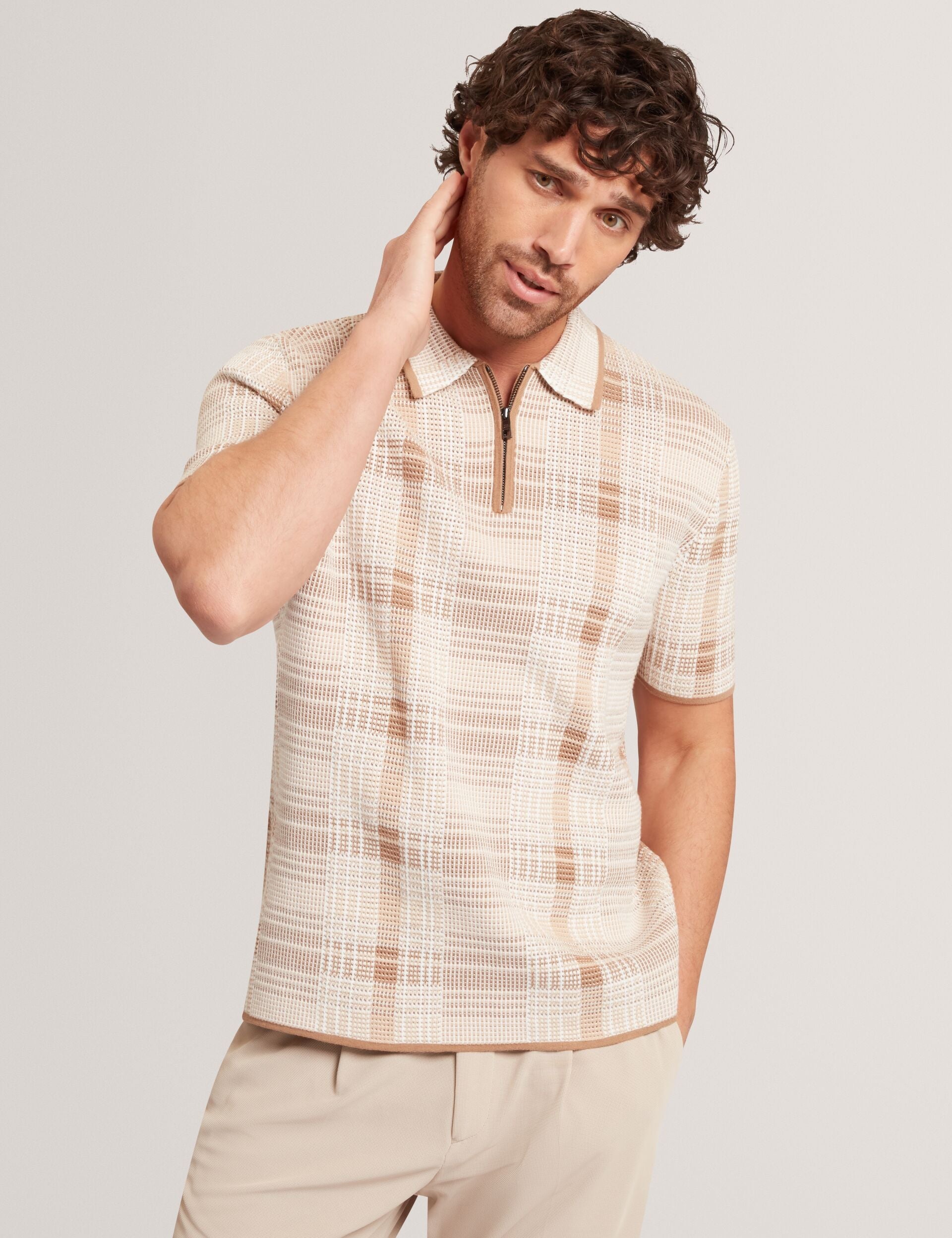 Men HALPIRT Checked Zip Neck Cotton Knit Polo - Ted Baker