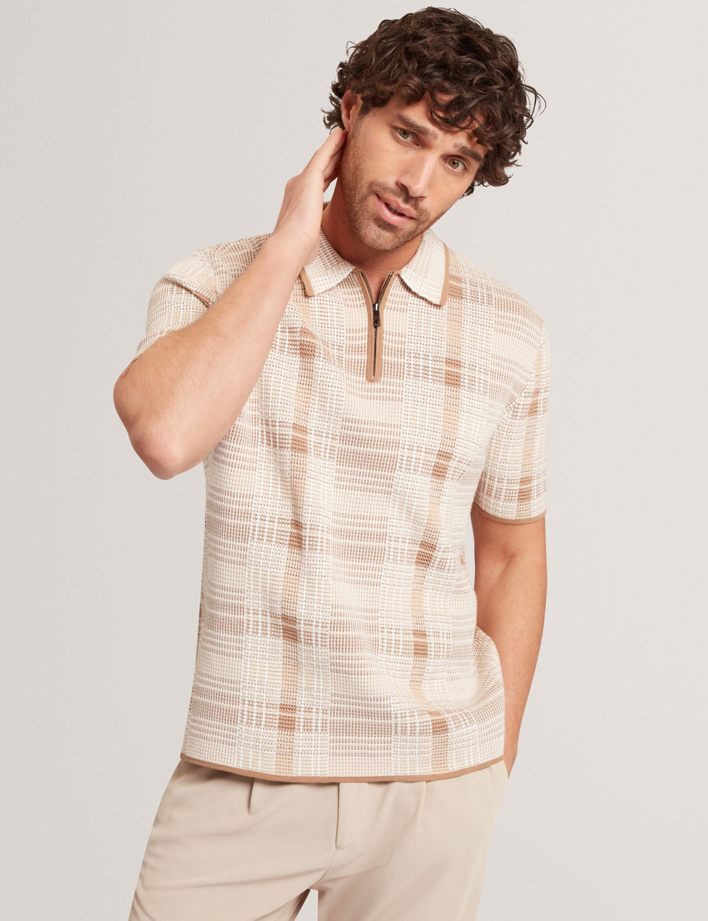 Men HALPIRT Checked Zip Neck Cotton Knit Polo - Ted Baker
