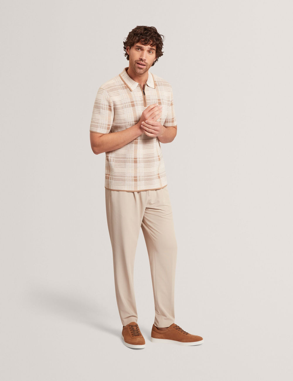 Men HALPIRT Checked Zip Neck Cotton Knit Polo - Ted Baker