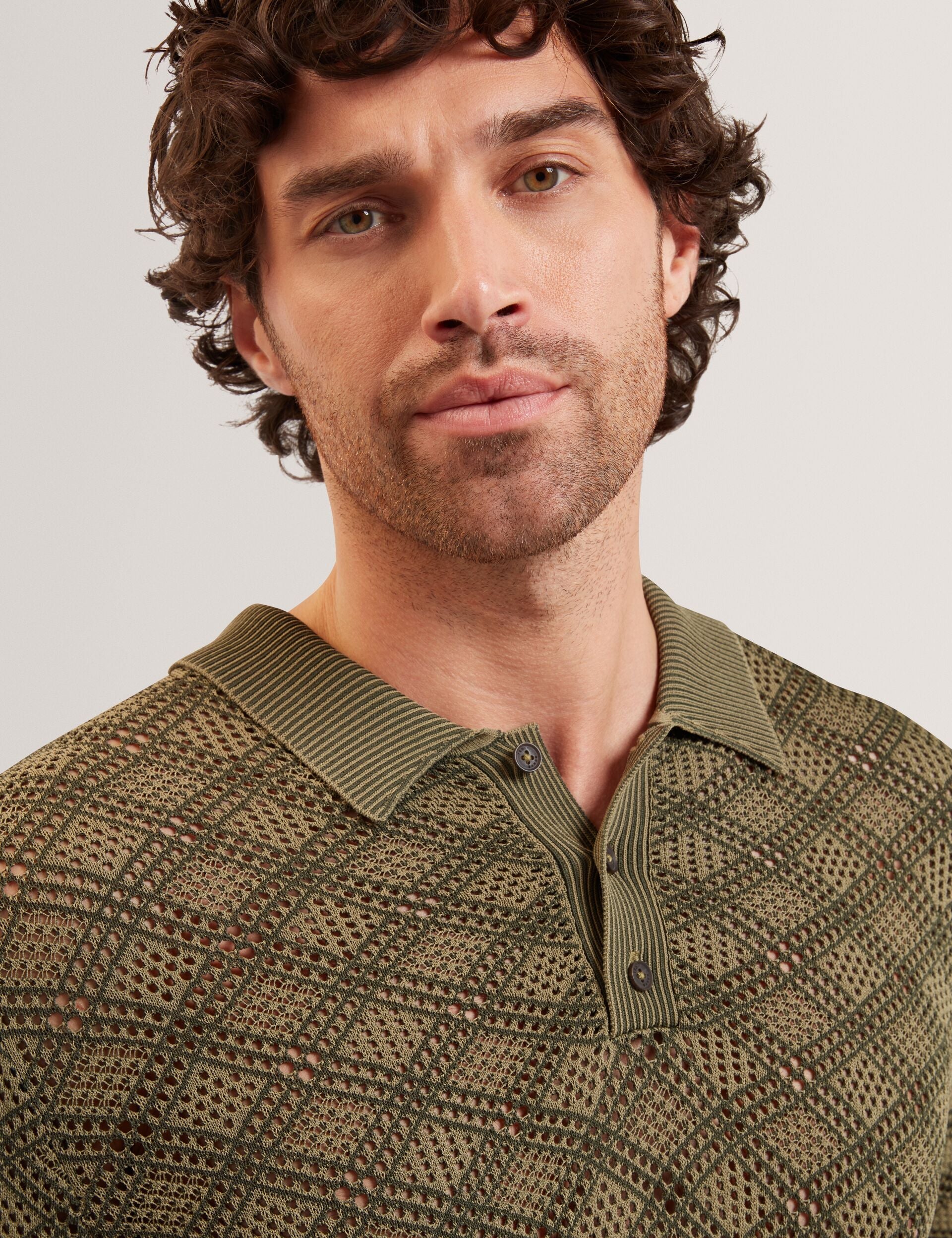 Men HELME Geometric Open Knit Short Sleeve Polo - Ted Baker