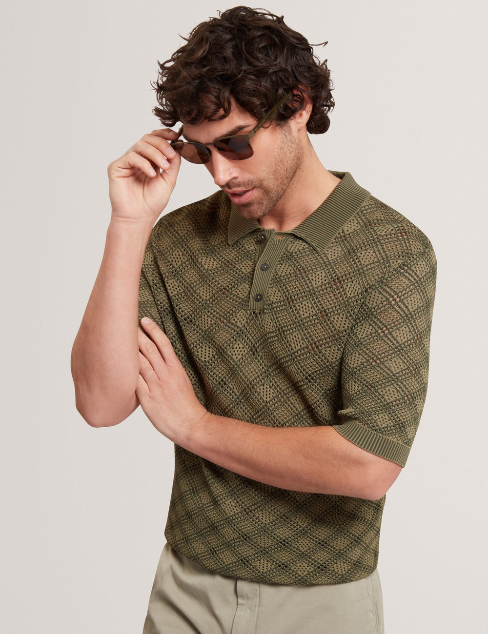 Men HELME Geometric Open Knit Short Sleeve Polo - Ted Baker