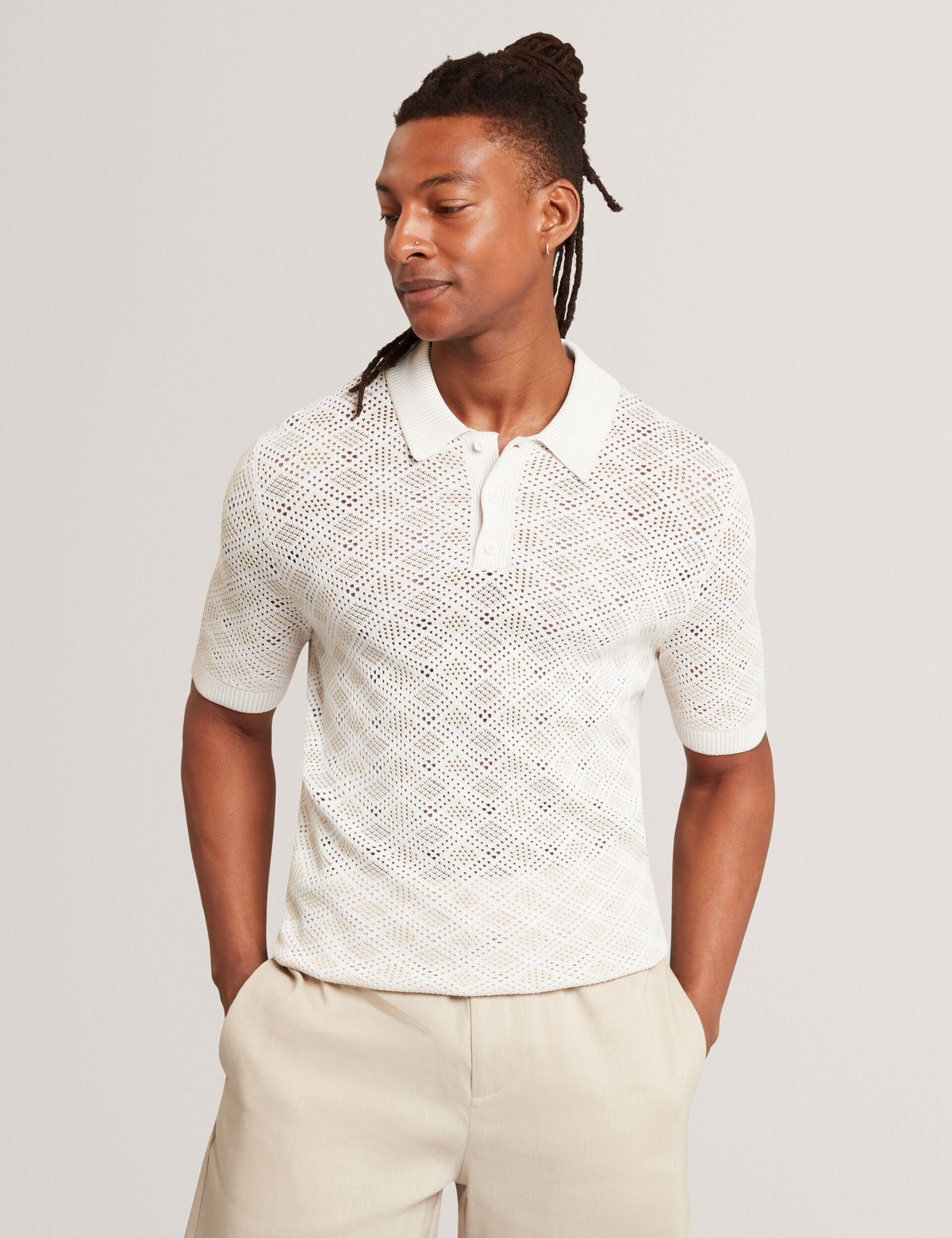 Men HELME Geometric Open Knit Short Sleeve Polo - Ted Baker