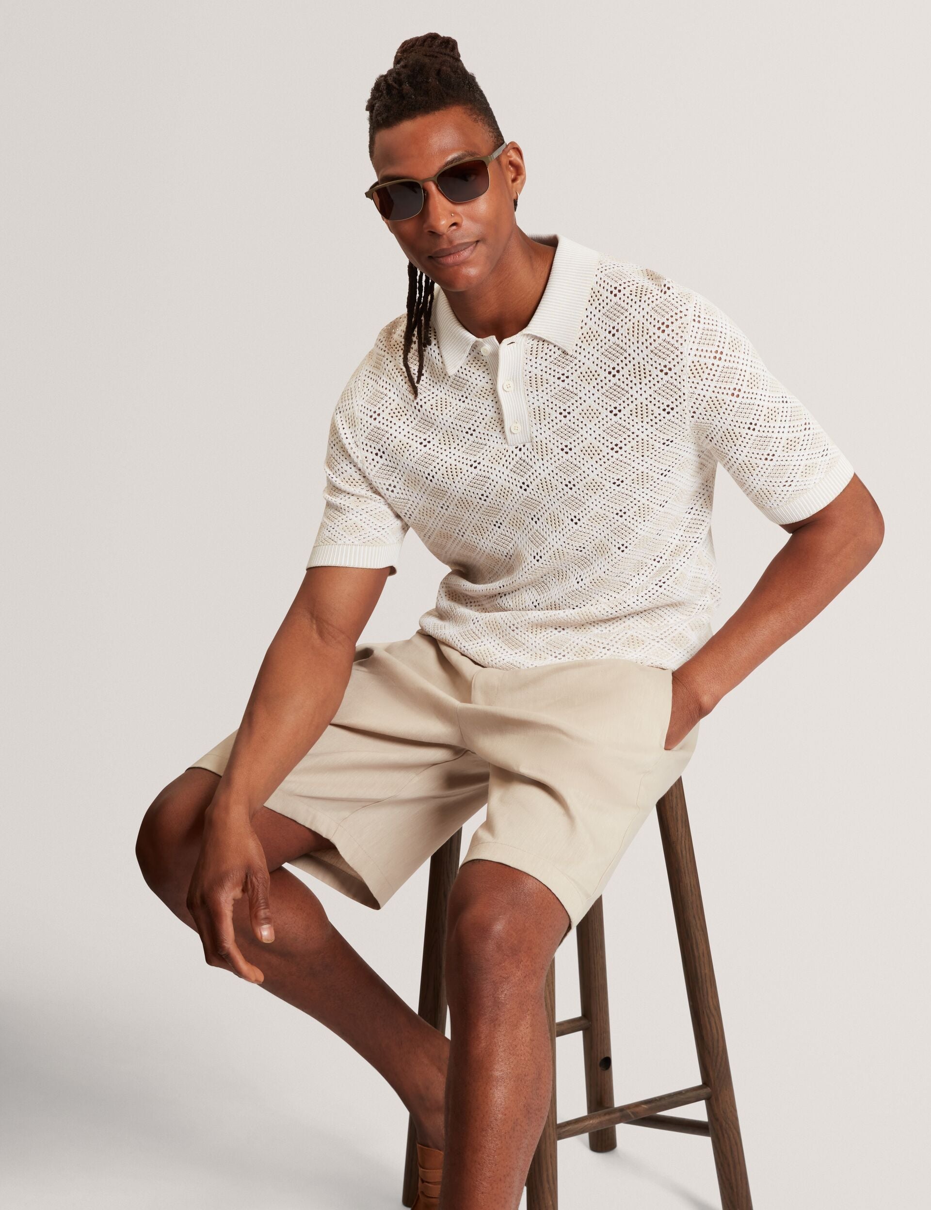 Men HELME Geometric Open Knit Short Sleeve Polo - Ted Baker