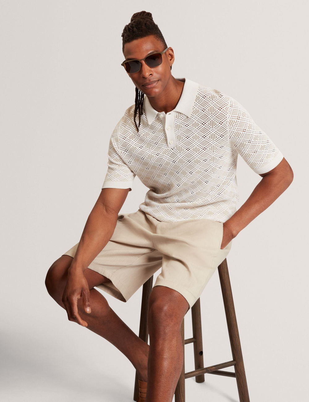 Men HELME Geometric Open Knit Short Sleeve Polo - Ted Baker