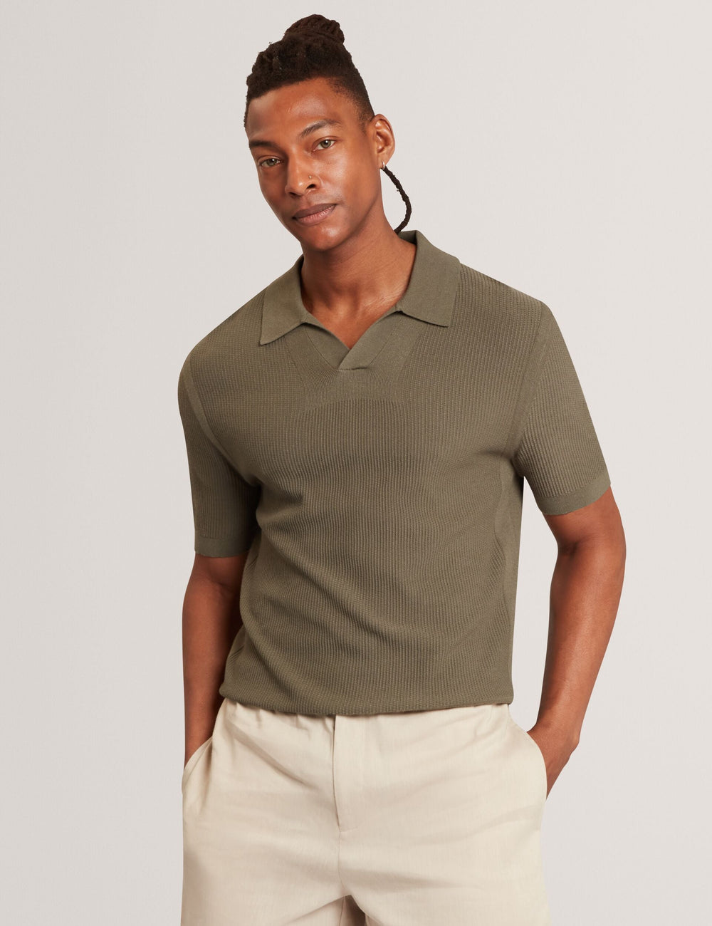 Men AINDREA Stitched Rib Open Neck Polo Shirt - Ted Baker