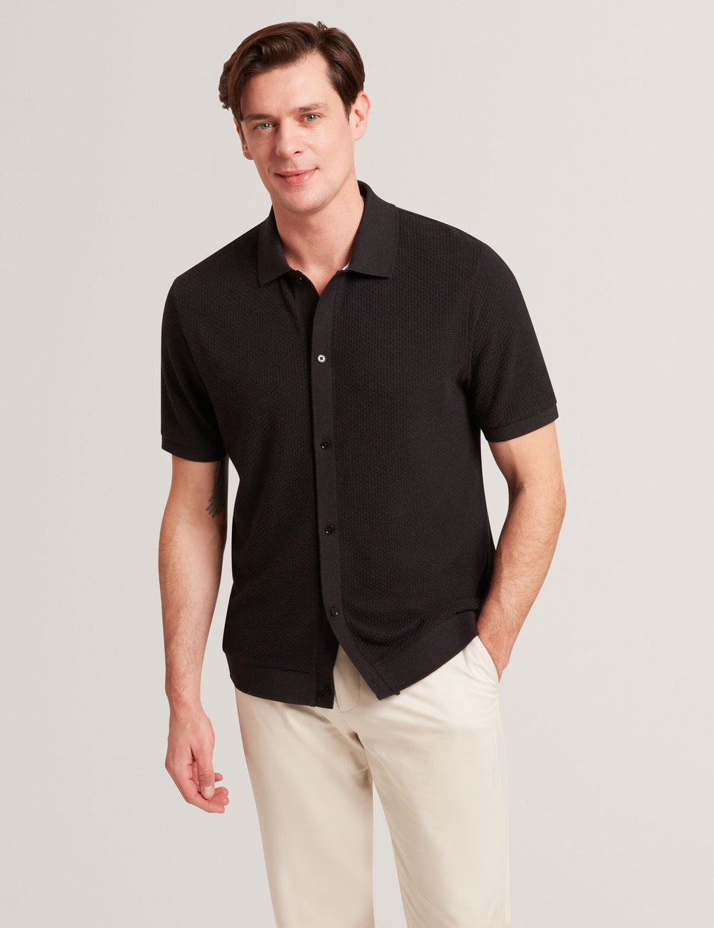 Men CONNYR Textured Knit Button-Through Polo Shirt - Ted Baker