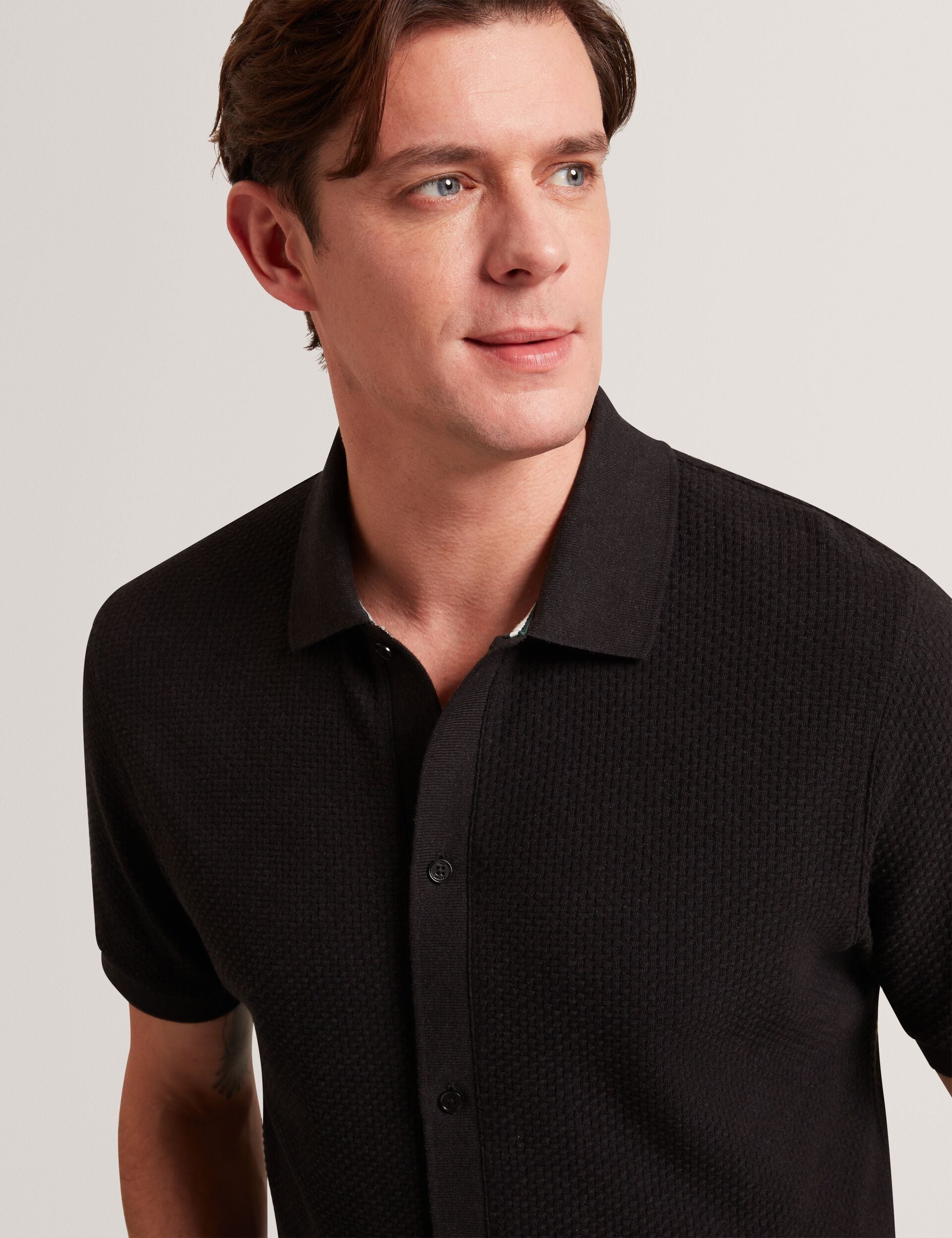 Men CONNYR Textured Knit Button-Through Polo Shirt - Ted Baker
