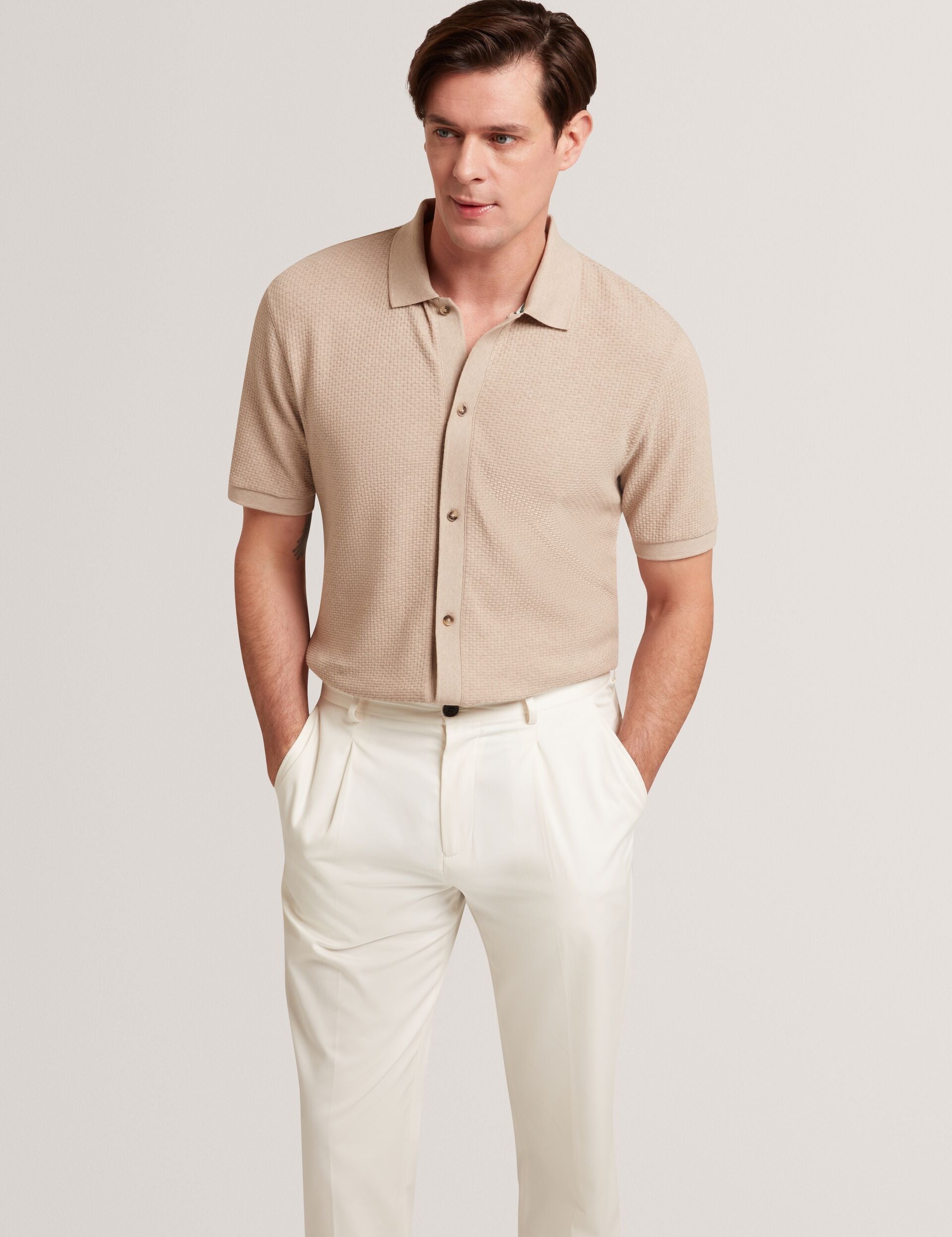 Men CONNYR Textured Knit Button-Through Polo Shirt - Ted Baker