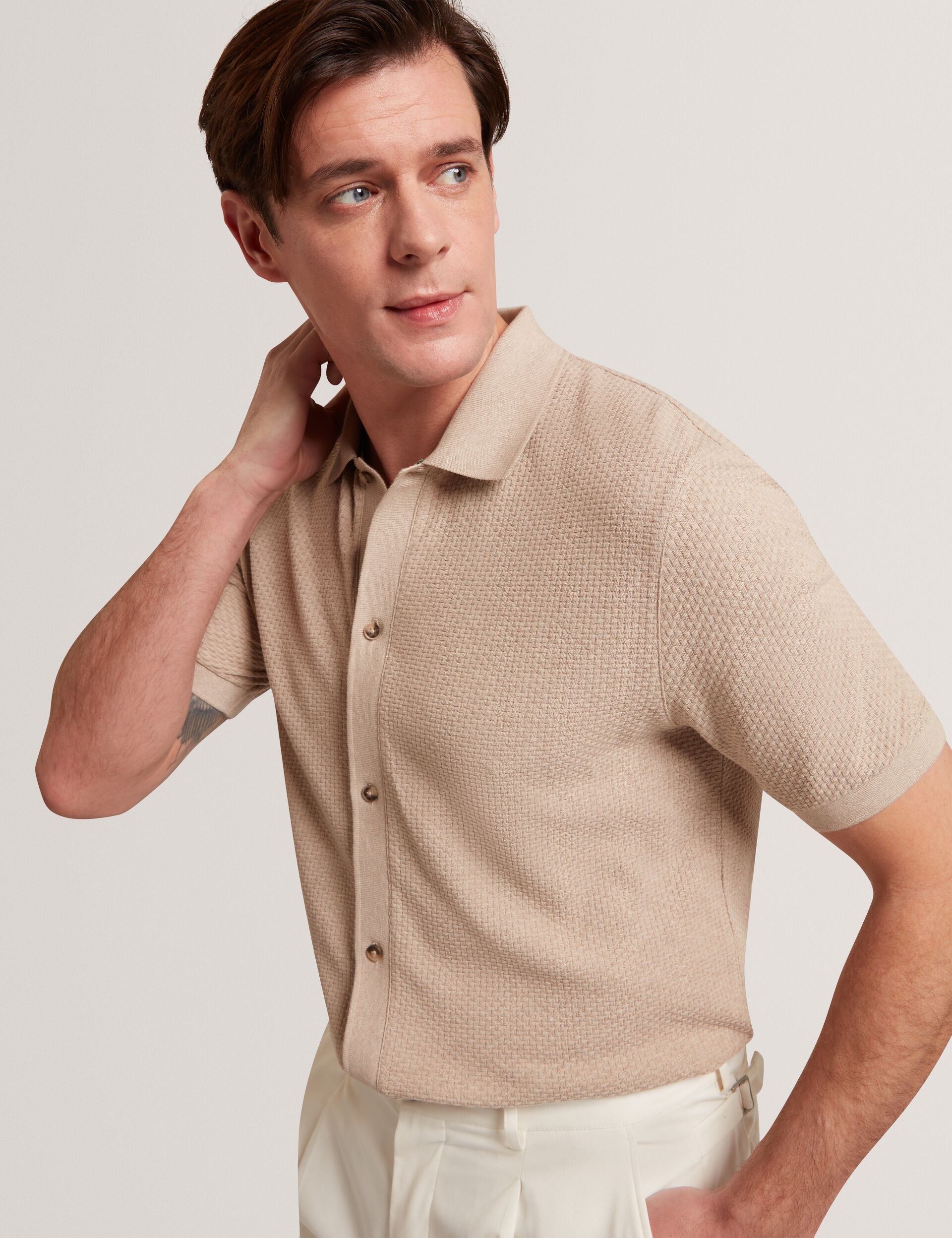Men CONNYR Textured Knit Button-Through Polo Shirt - Ted Baker