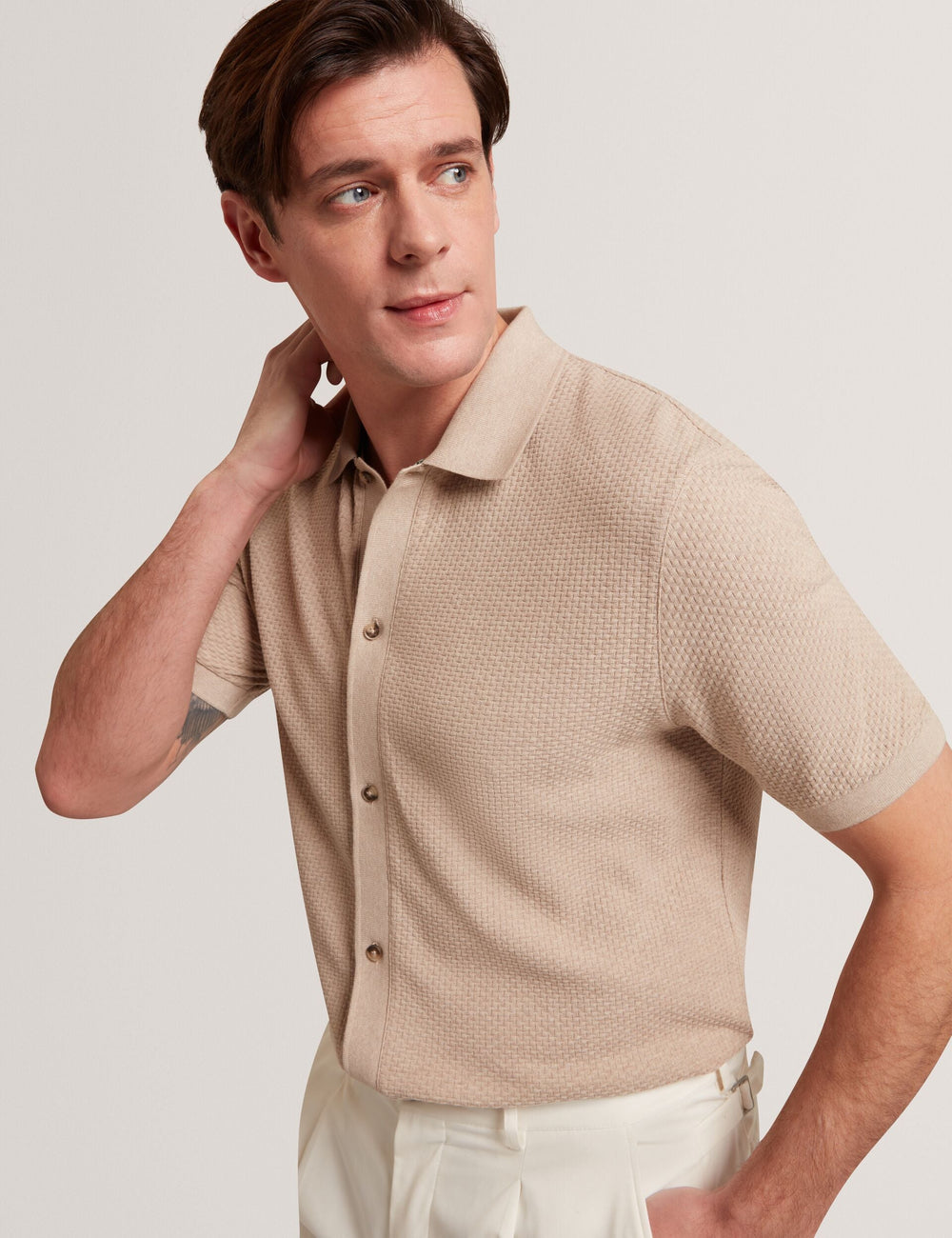 Men CONNYR Textured Knit Button-Through Polo Shirt - Ted Baker