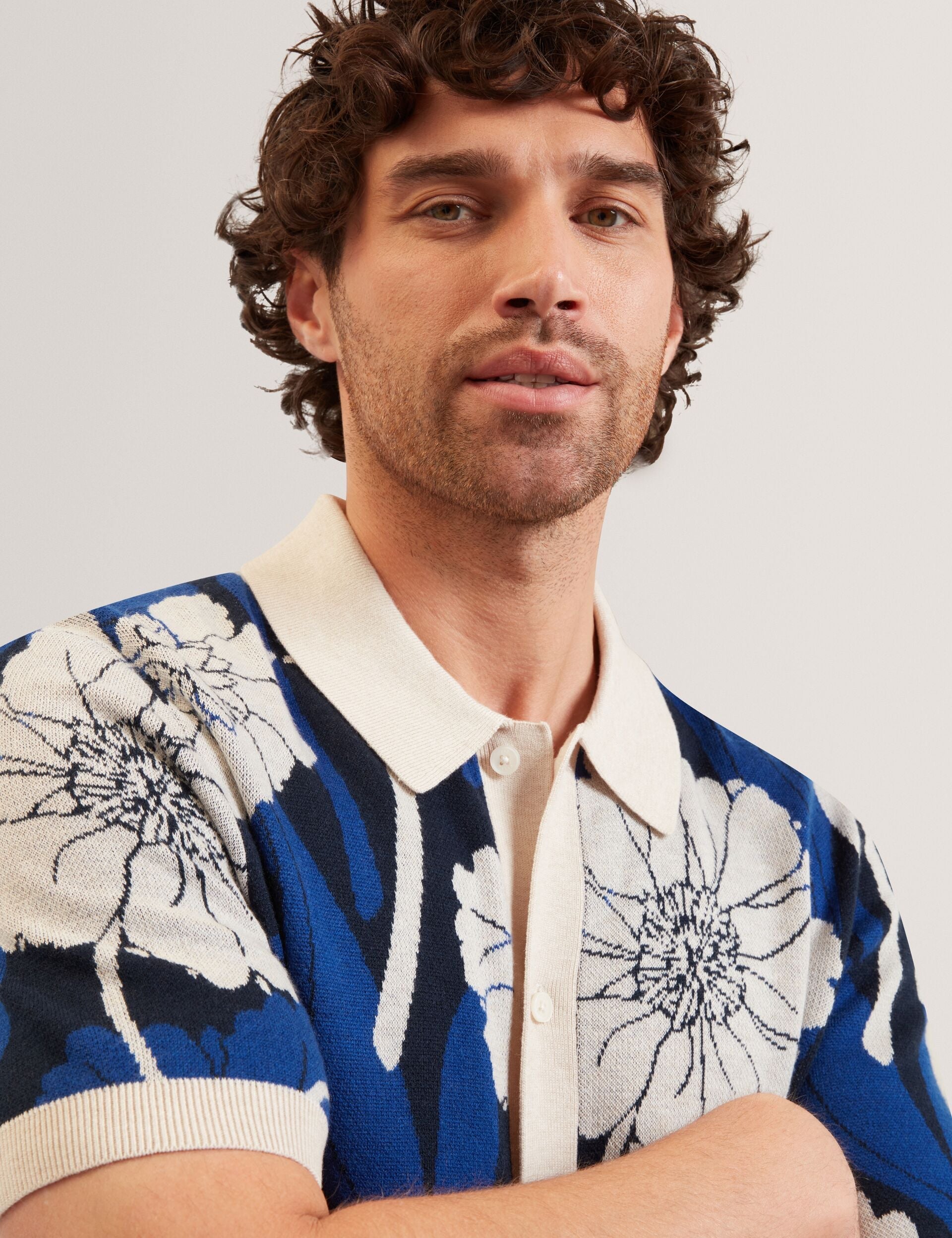 Men ALDERY Jacquard Botanical Print Wool Blend Shirt - Ted Baker
