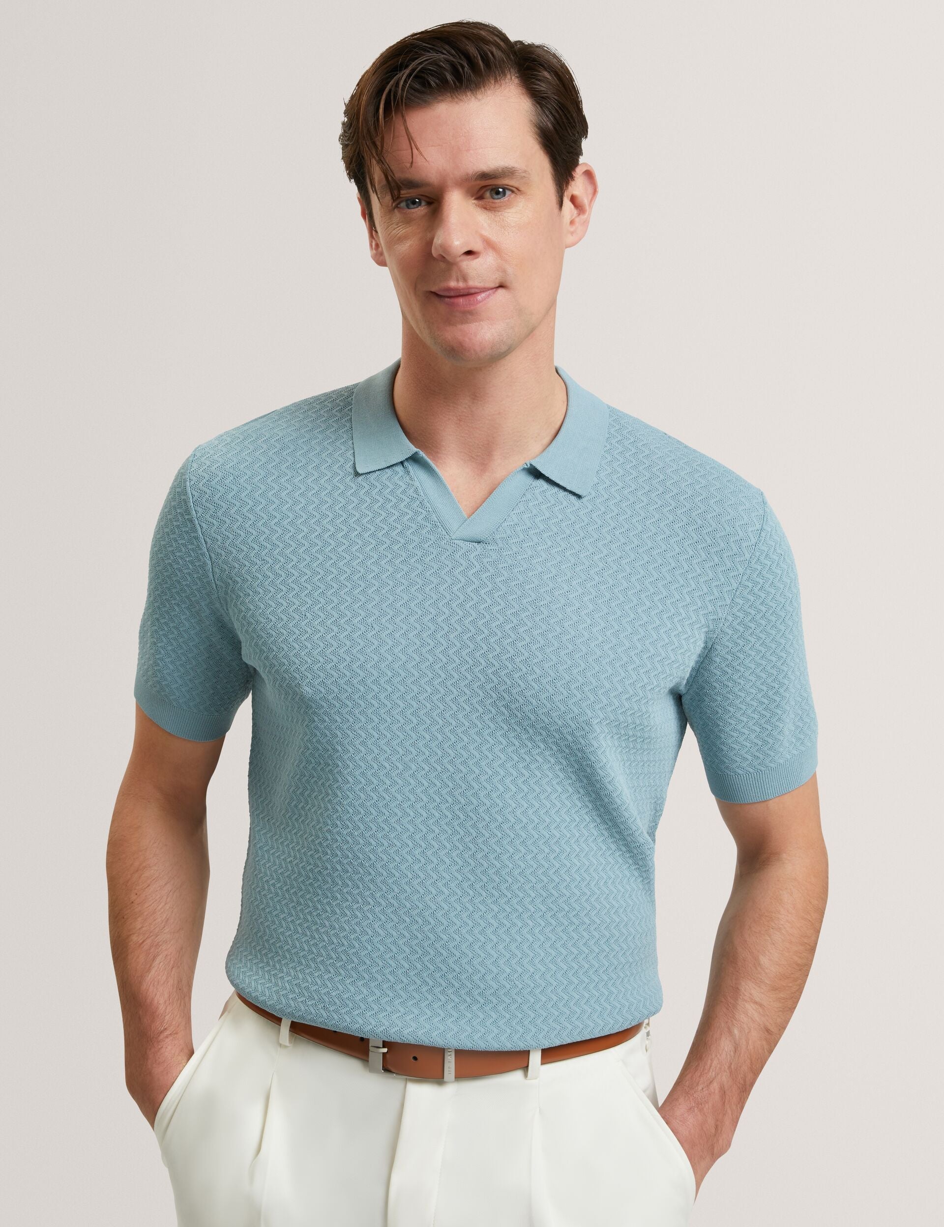 Men LUTHEN Zig Zag Knit Open Neck Polo - Ted Baker