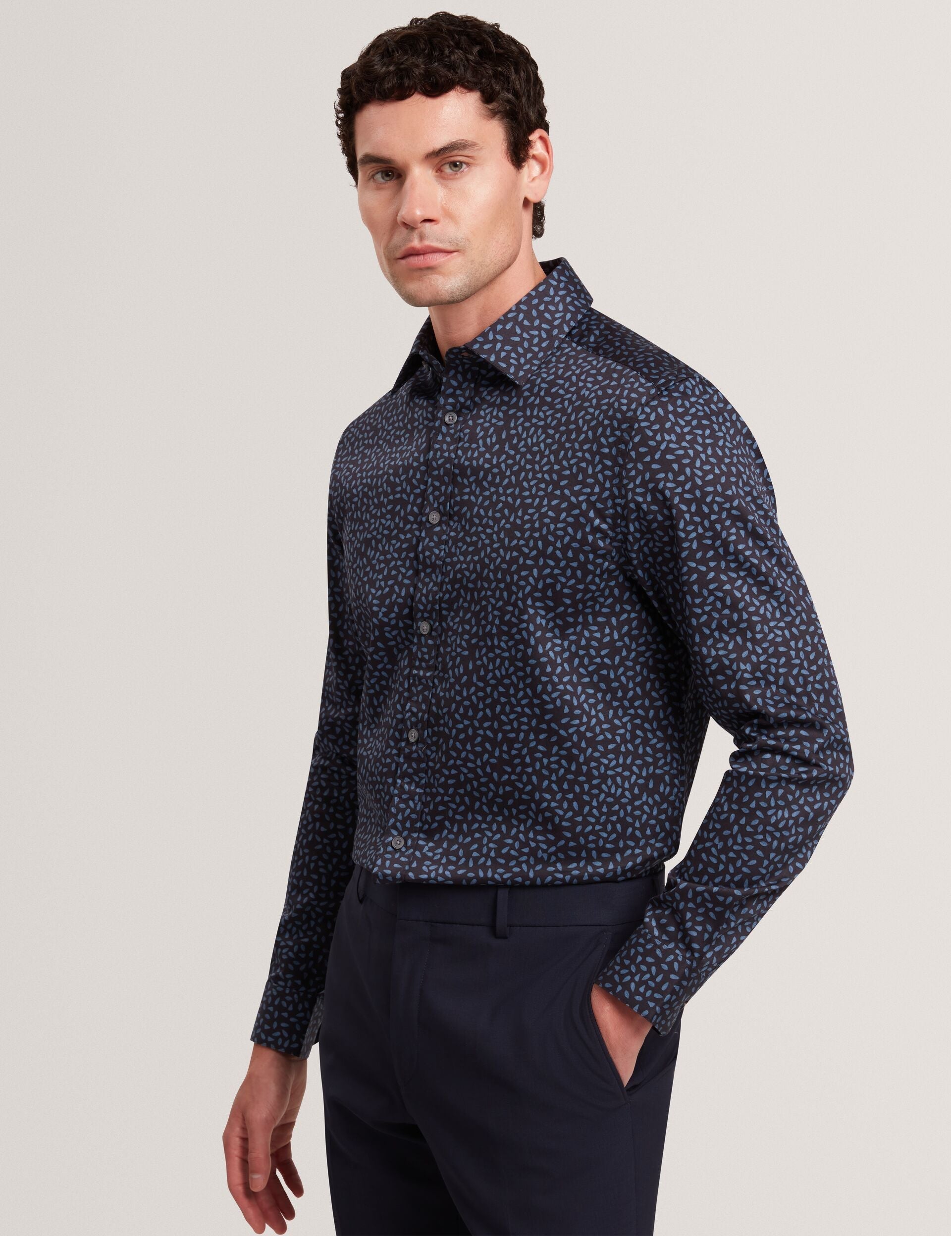 Sale|Men BLOCKLY - Mini Leaf Print Long Sleeve Cotton Shirt - Ted Baker