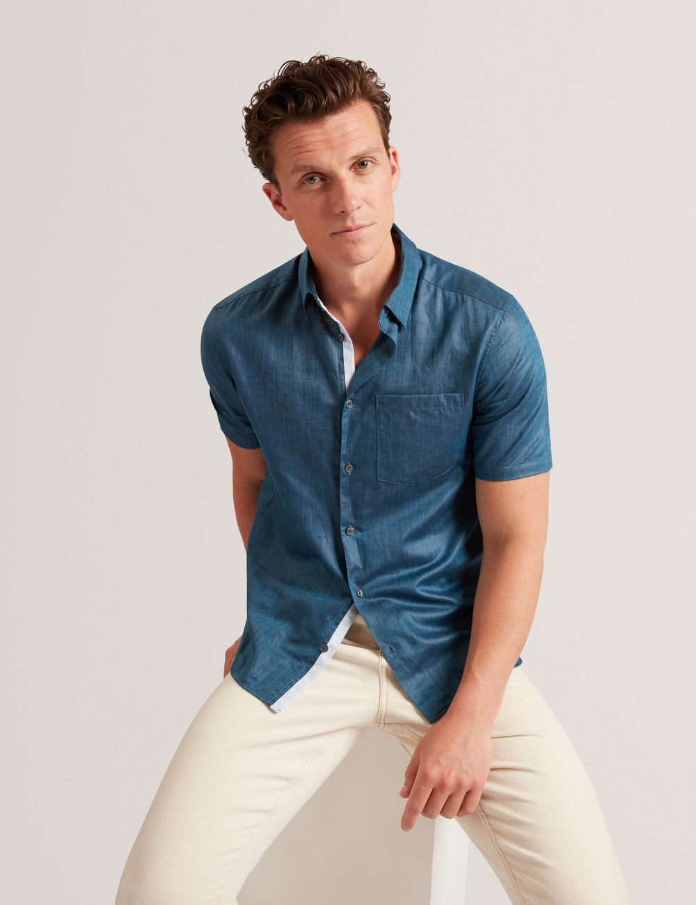 Sale|Men Navy Short Sleeve Textured Linen Cotton Shirt | PALOMAS | Ted Baker - Ted Baker