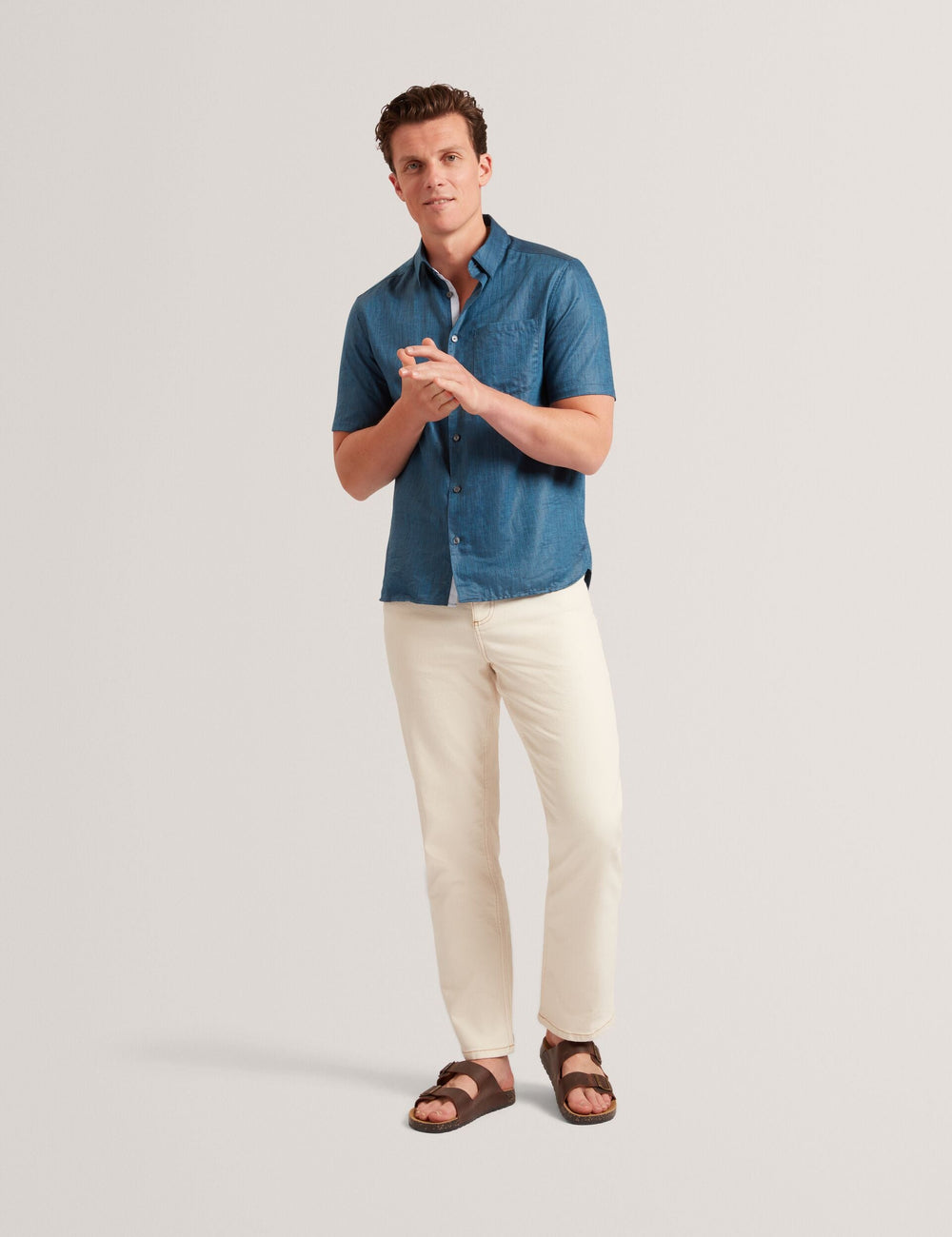 Sale|Men Navy Short Sleeve Textured Linen Cotton Shirt | PALOMAS | Ted Baker - Ted Baker