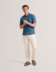 Sale|Men Navy Short Sleeve Textured Linen Cotton Shirt | PALOMAS | Ted Baker - Ted Baker