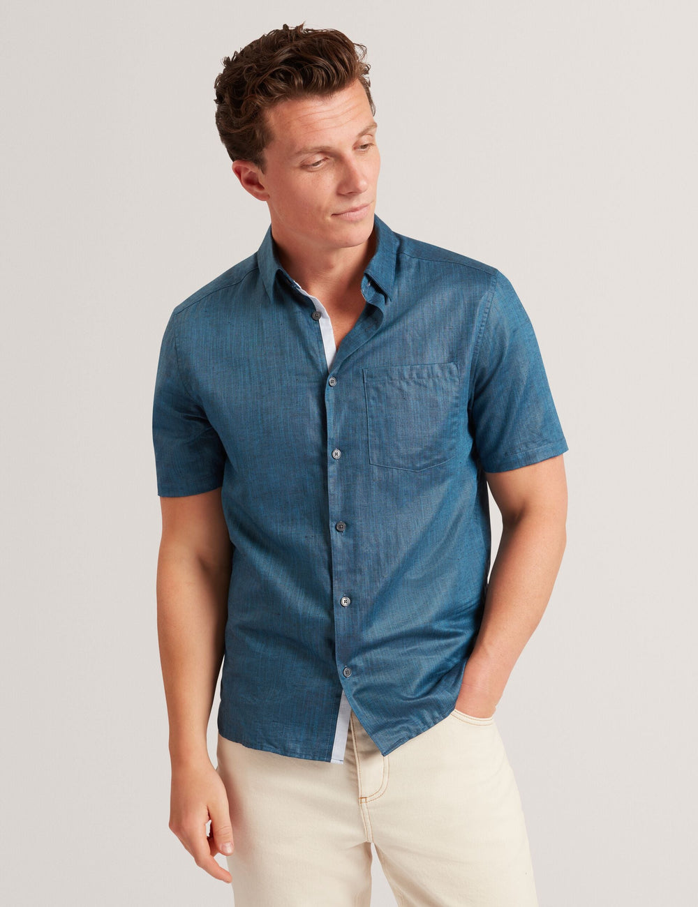 Sale|Men Navy Short Sleeve Textured Linen Cotton Shirt | PALOMAS | Ted Baker - Ted Baker