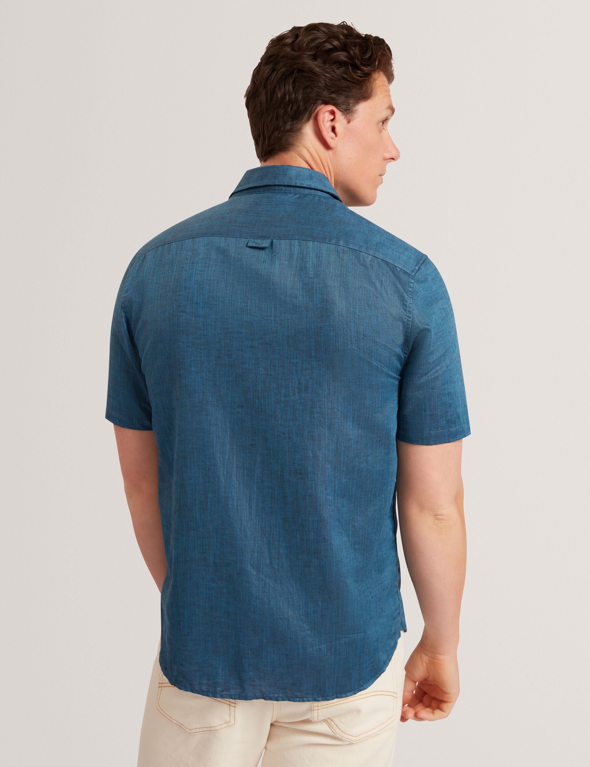 Sale|Men Navy Short Sleeve Textured Linen Cotton Shirt | PALOMAS | Ted Baker - Ted Baker