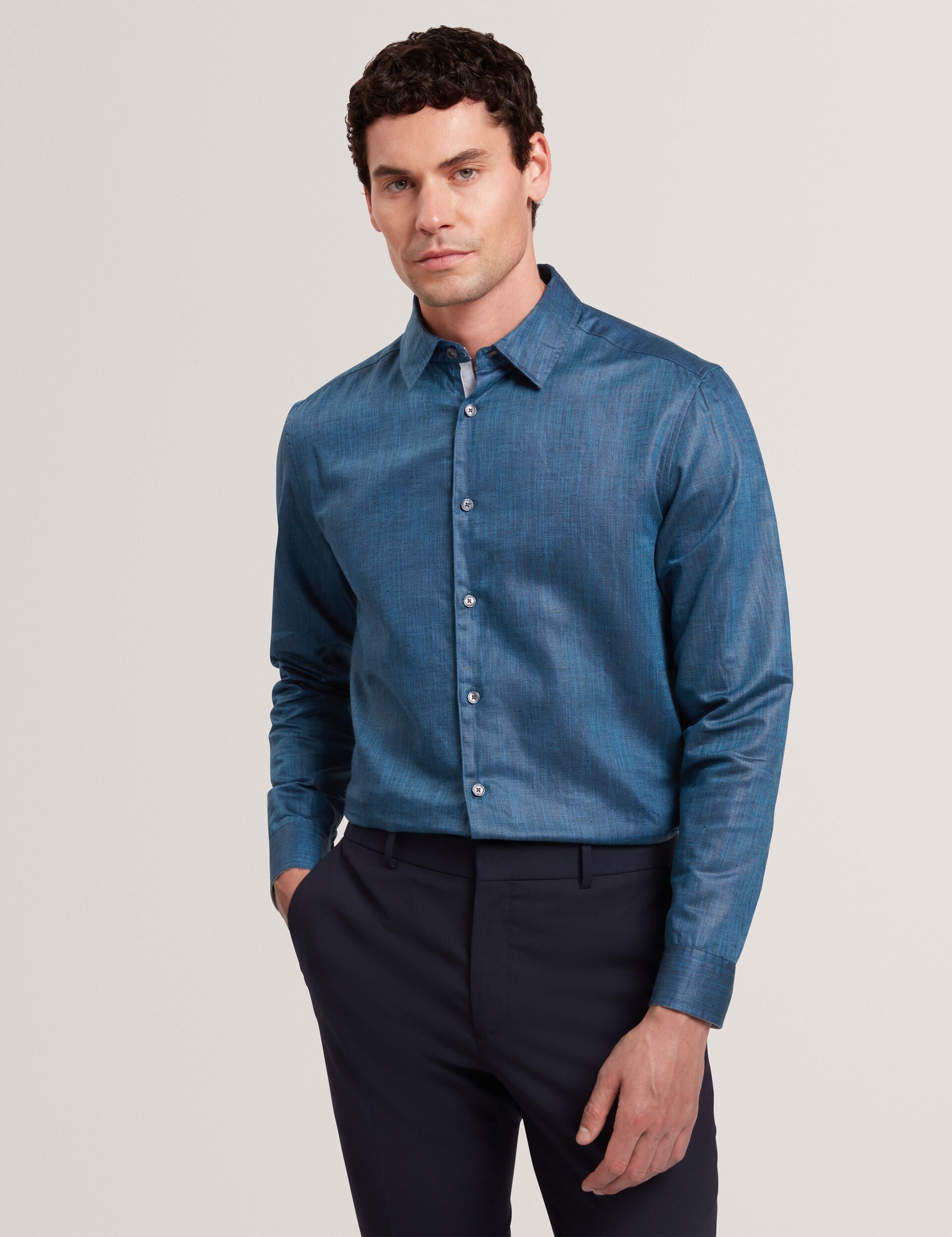 Sale|Men ROMEOS - Blue Regular Fit Cotton Linen Long Sleeve Shirt - Ted Baker