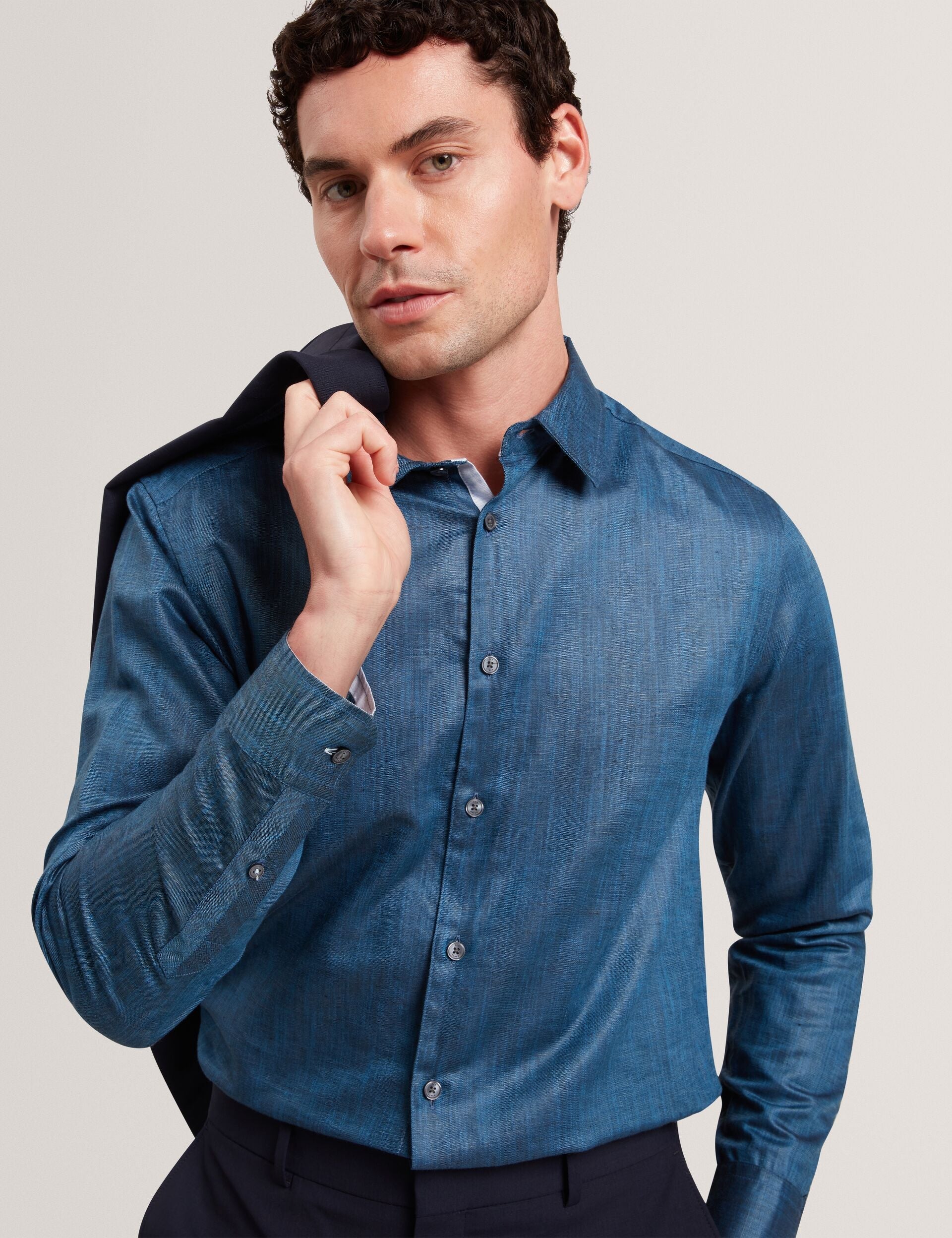 Sale|Men ROMEOS - Blue Regular Fit Cotton Linen Long Sleeve Shirt - Ted Baker