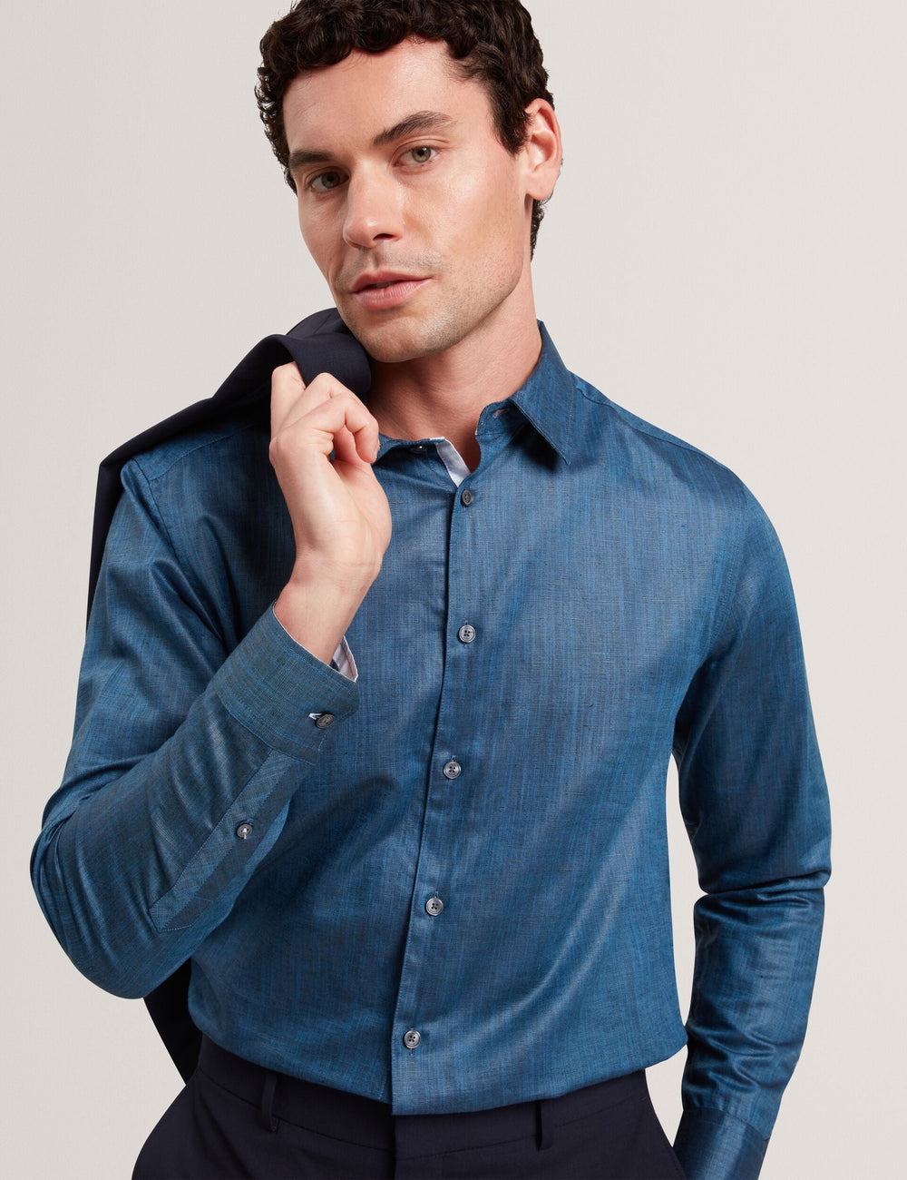 Sale|Men ROMEOS - Blue Regular Fit Cotton Linen Long Sleeve Shirt - Ted Baker
