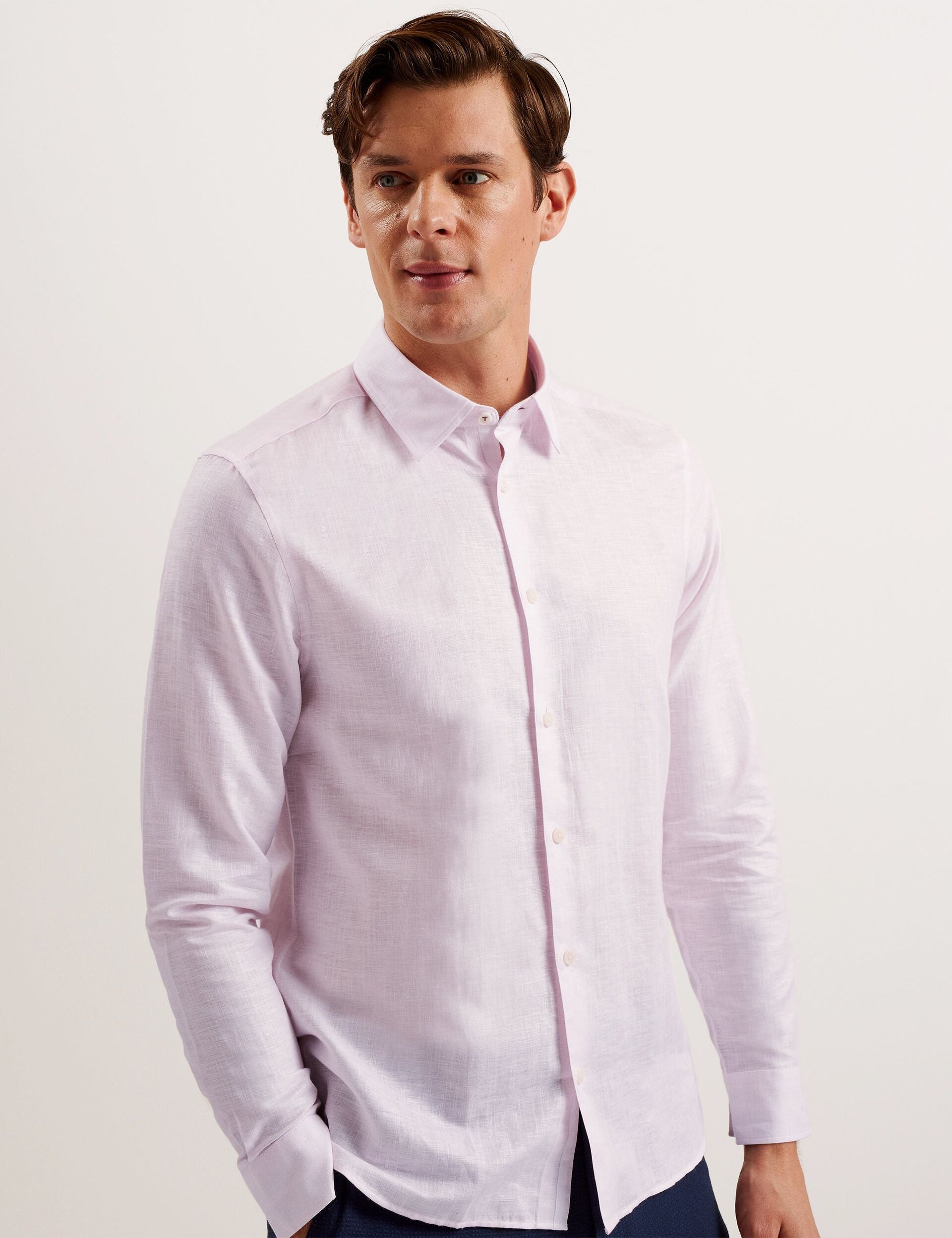 Sale|Men ROMEOS - Pink Regular Fit Cotton Linen Long Sleeve Shirt - Ted Baker