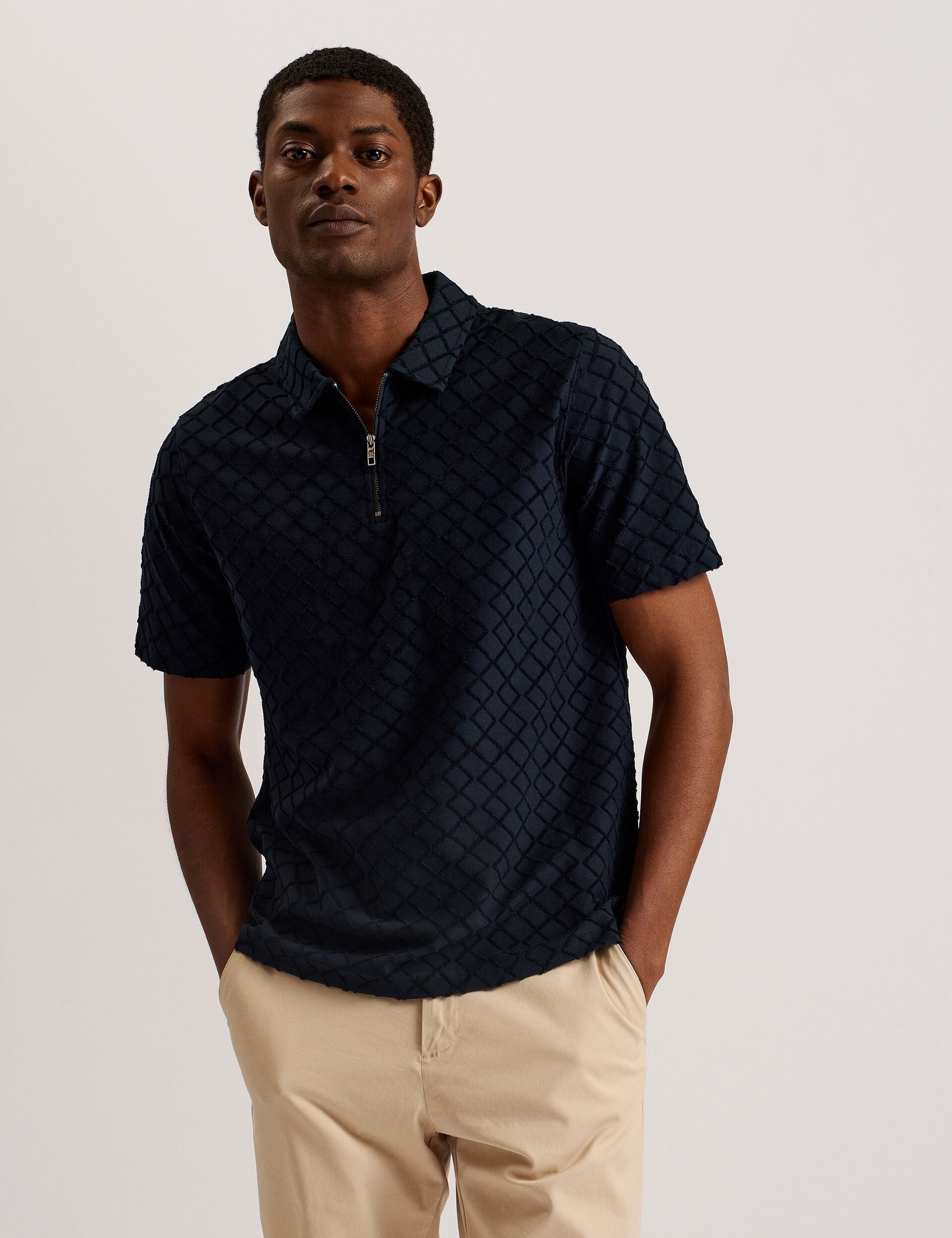 Sale|Men ANSOM - SS Reg Textured Towelling Zip Polo - Ted Baker