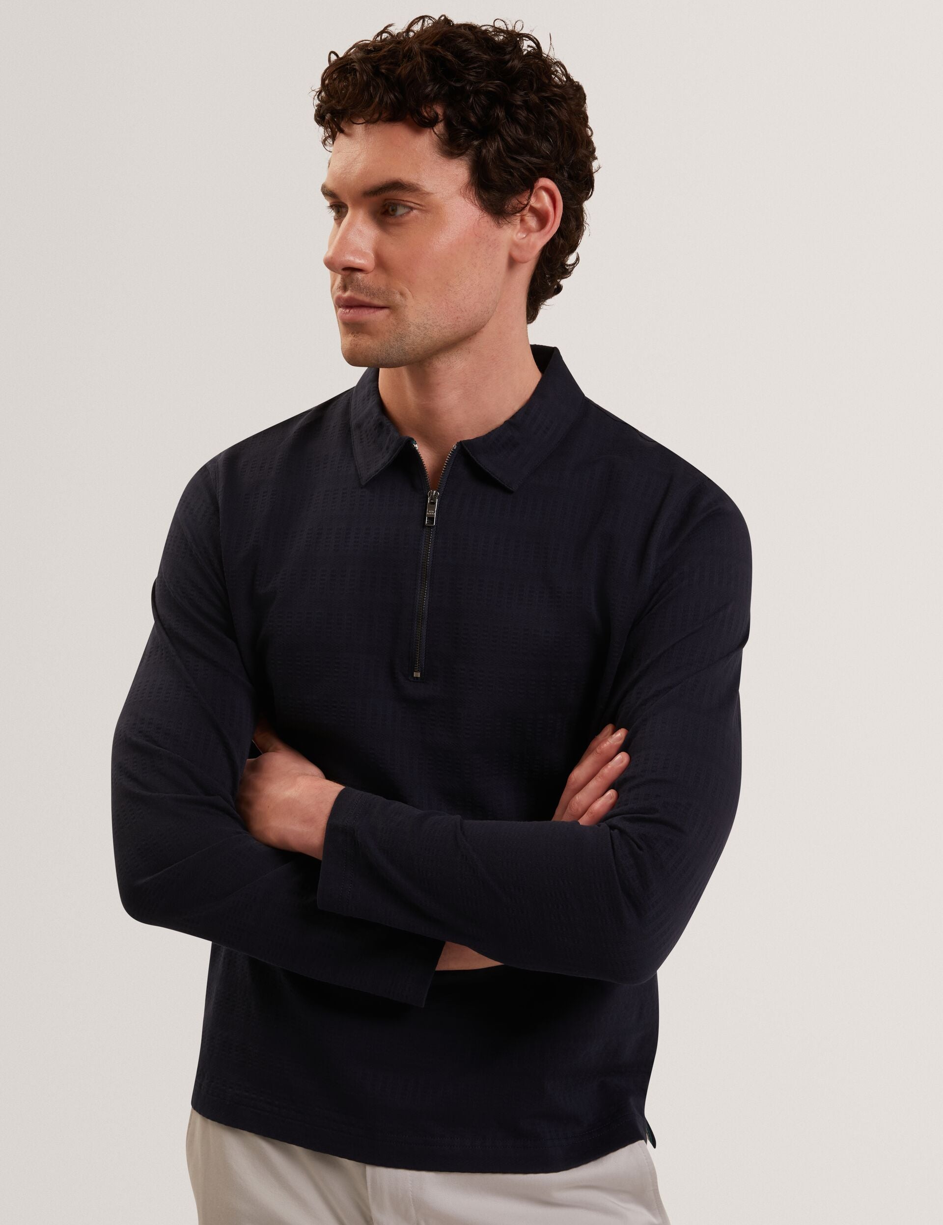 Sale|Men WYTHER Mixed Texture Zip Neck Long Sleeve Polo - Ted Baker