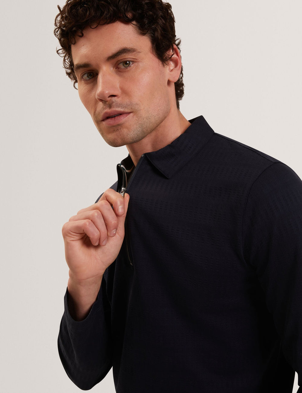 Sale|Men WYTHER Mixed Texture Zip Neck Long Sleeve Polo - Ted Baker