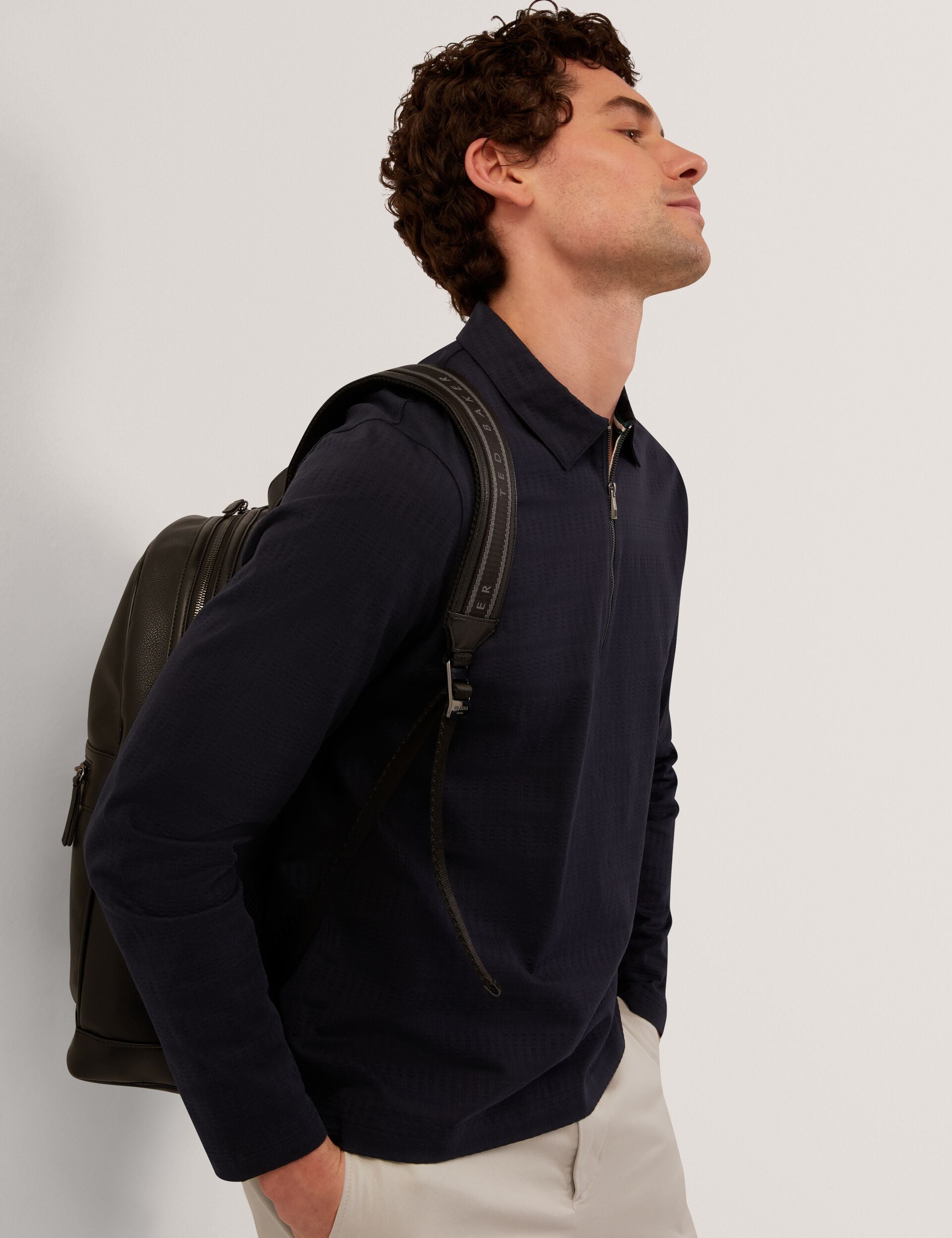 Sale|Men WYTHER Mixed Texture Zip Neck Long Sleeve Polo - Ted Baker