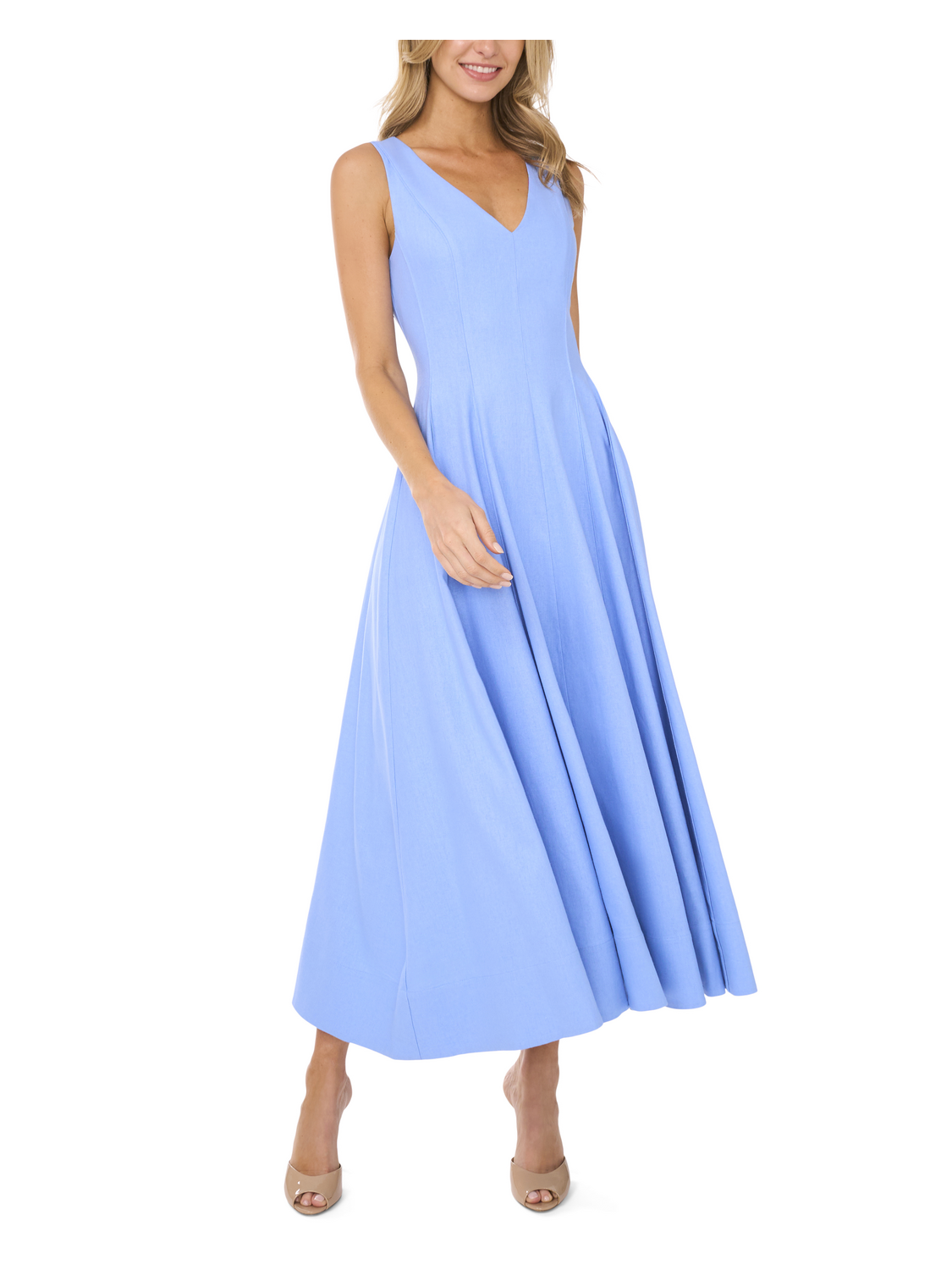 Women SLEEVELESS V-NECK PLEATED MAXI DRESS - Mid-Blue - Ted Baker