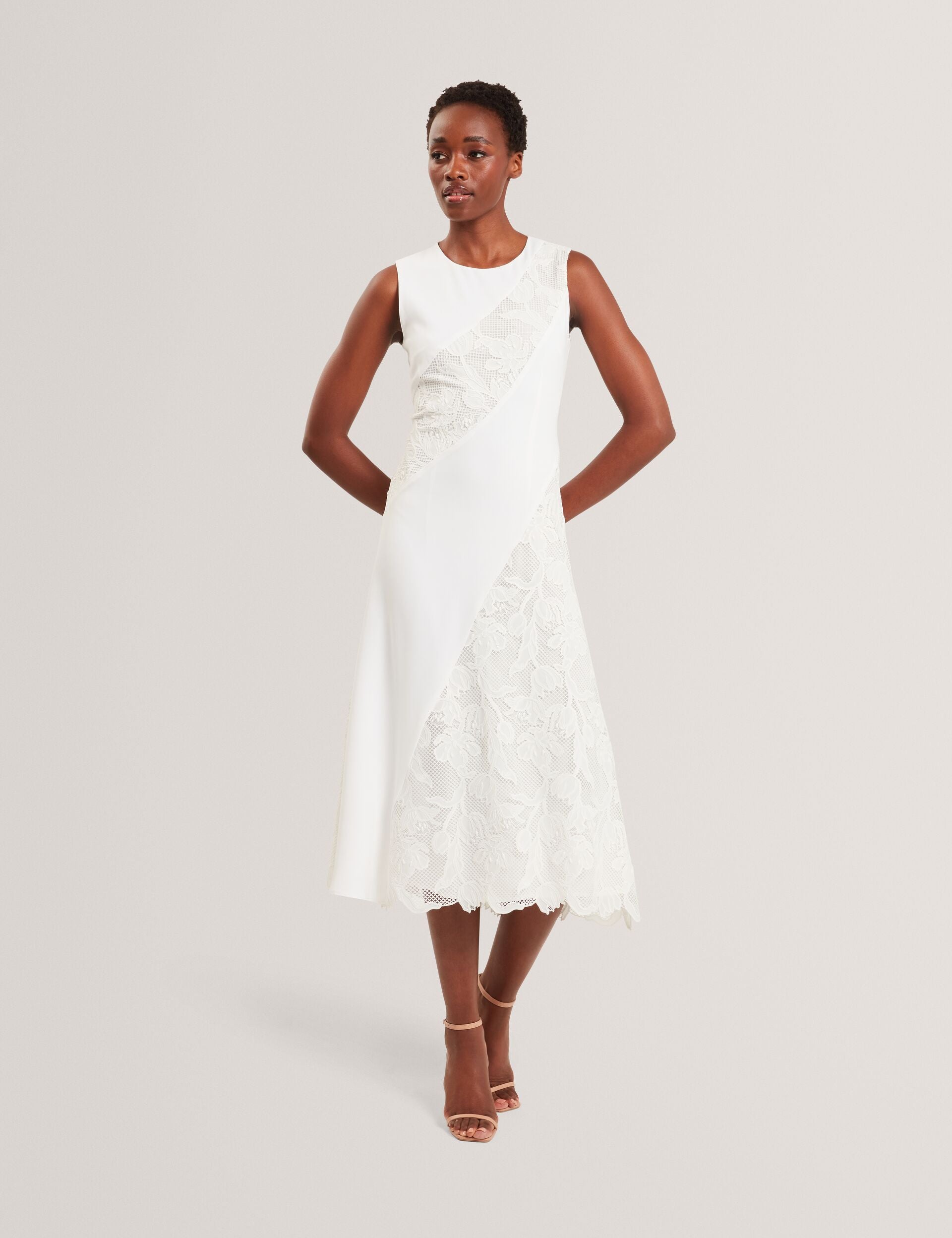 Women SLEEVELESS LACE APPLIQUE MIDI DRESS - White - Ted Baker