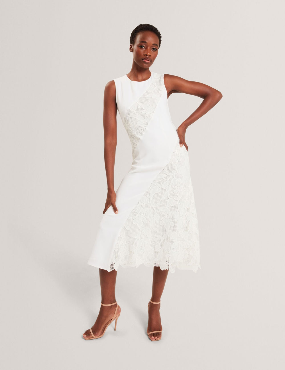 Women SLEEVELESS LACE APPLIQUE MIDI DRESS - White - Ted Baker