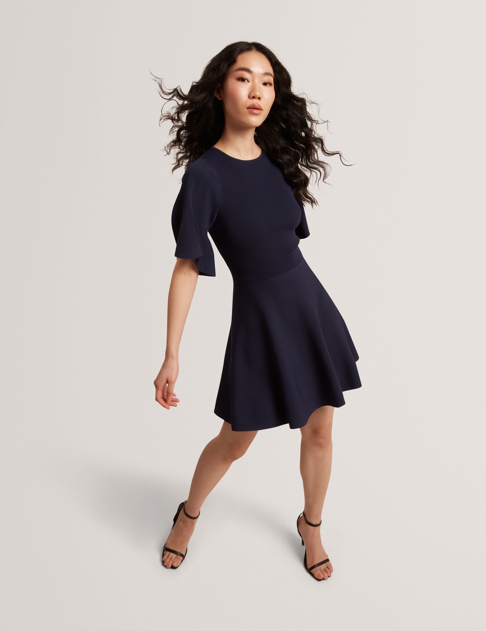 Women FLARE SHORT SLEEVE CREW NECK MINI DRESS - Navy - Ted Baker