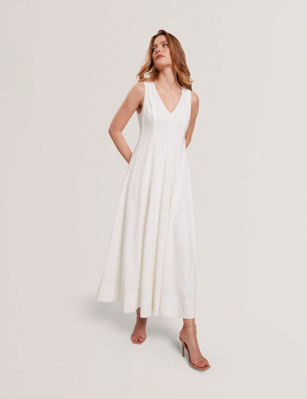 Women SLEEVELESS V-NECK PLEATED MAXI DRESS - White - Ted Baker
