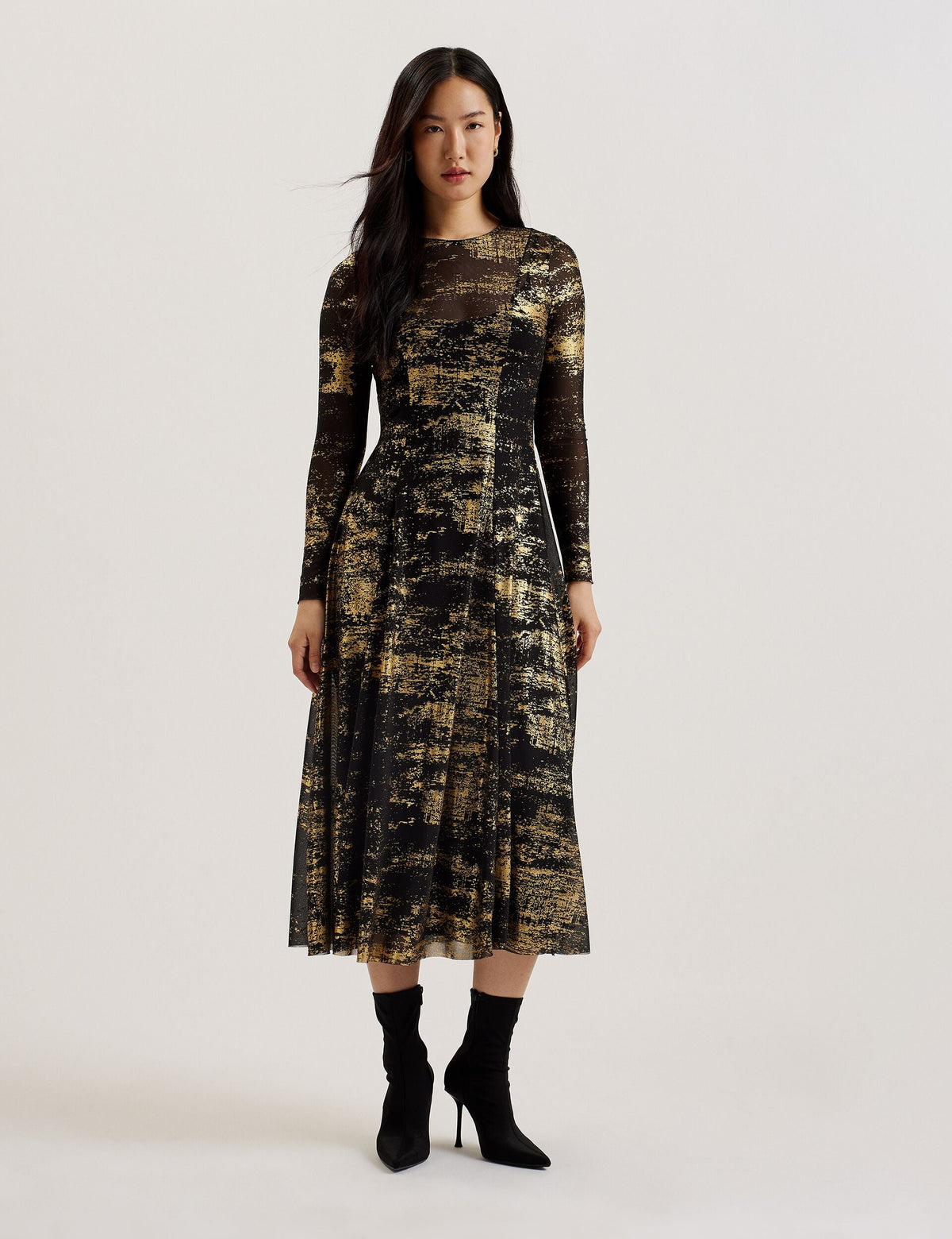 Women JUNHAA - Foil Print Long Sleeve Mesh Midi Dress - Ted Baker