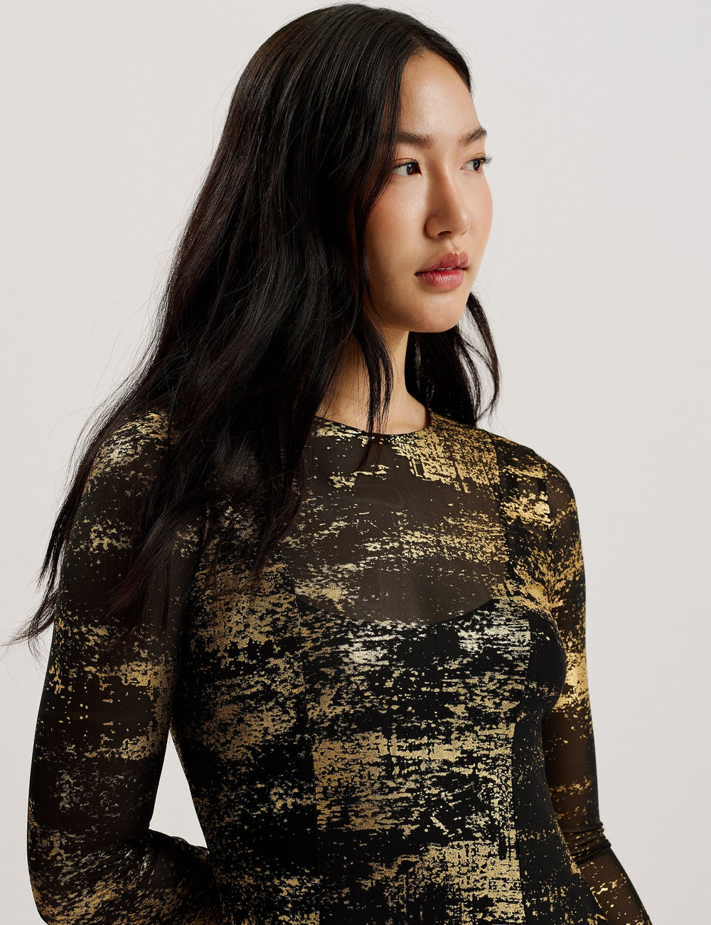 Women JUNHAA - Foil Print Long Sleeve Mesh Midi Dress - Ted Baker