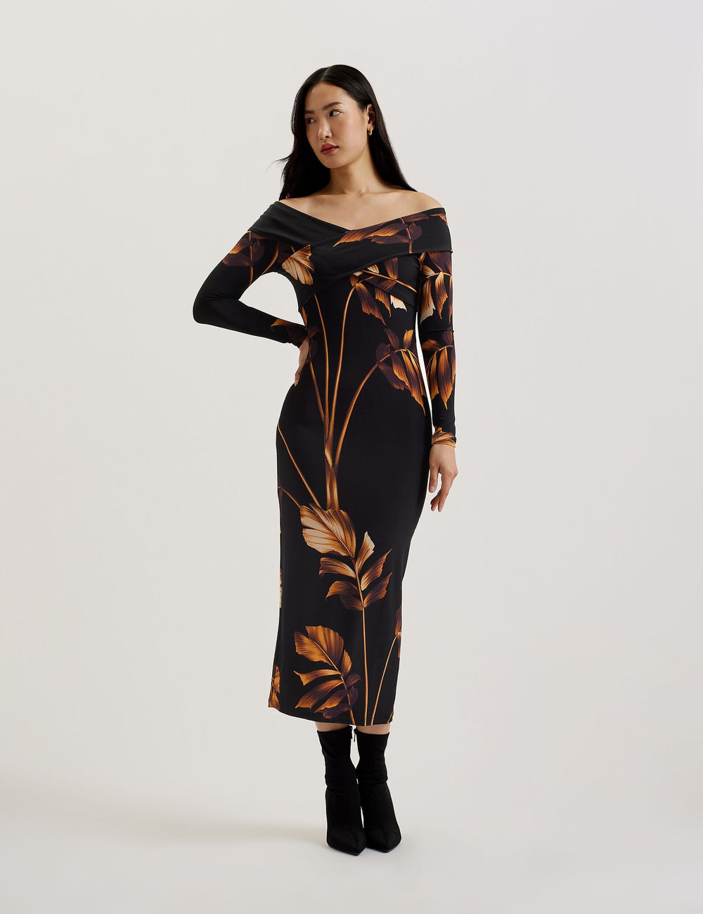 Women JOSEFEN - Printed Bardot Long Sleeve Midi Dress - Ted Baker
