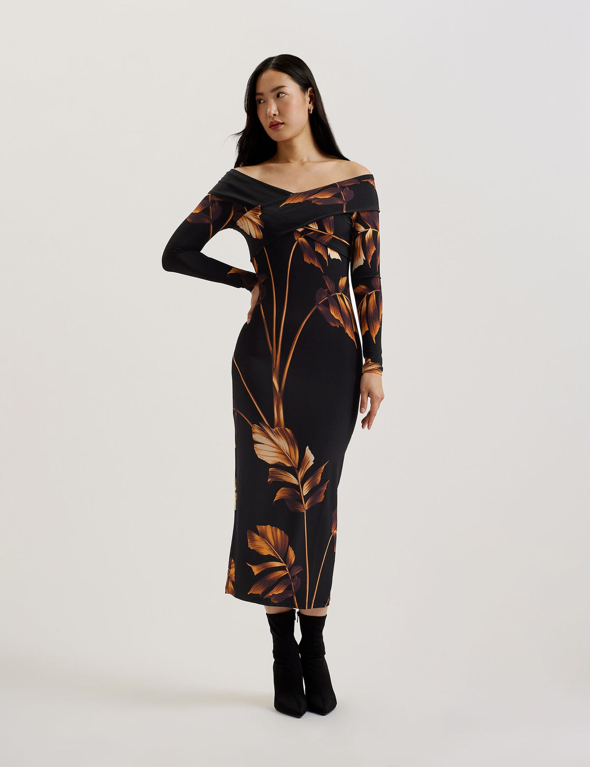 Women JOSEFEN - Printed Bardot Long Sleeve Midi Dress - Ted Baker