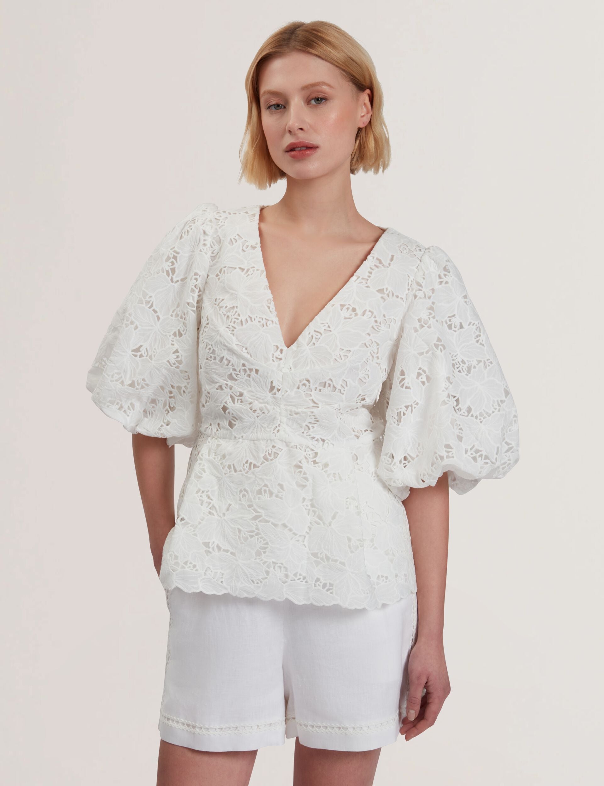 Women ELLARI - Lace Puff Sleeve V-Neck Peplum Top - Ted Baker