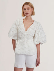 Women ELLARI - Lace Puff Sleeve V-Neck Peplum Top - Ted Baker