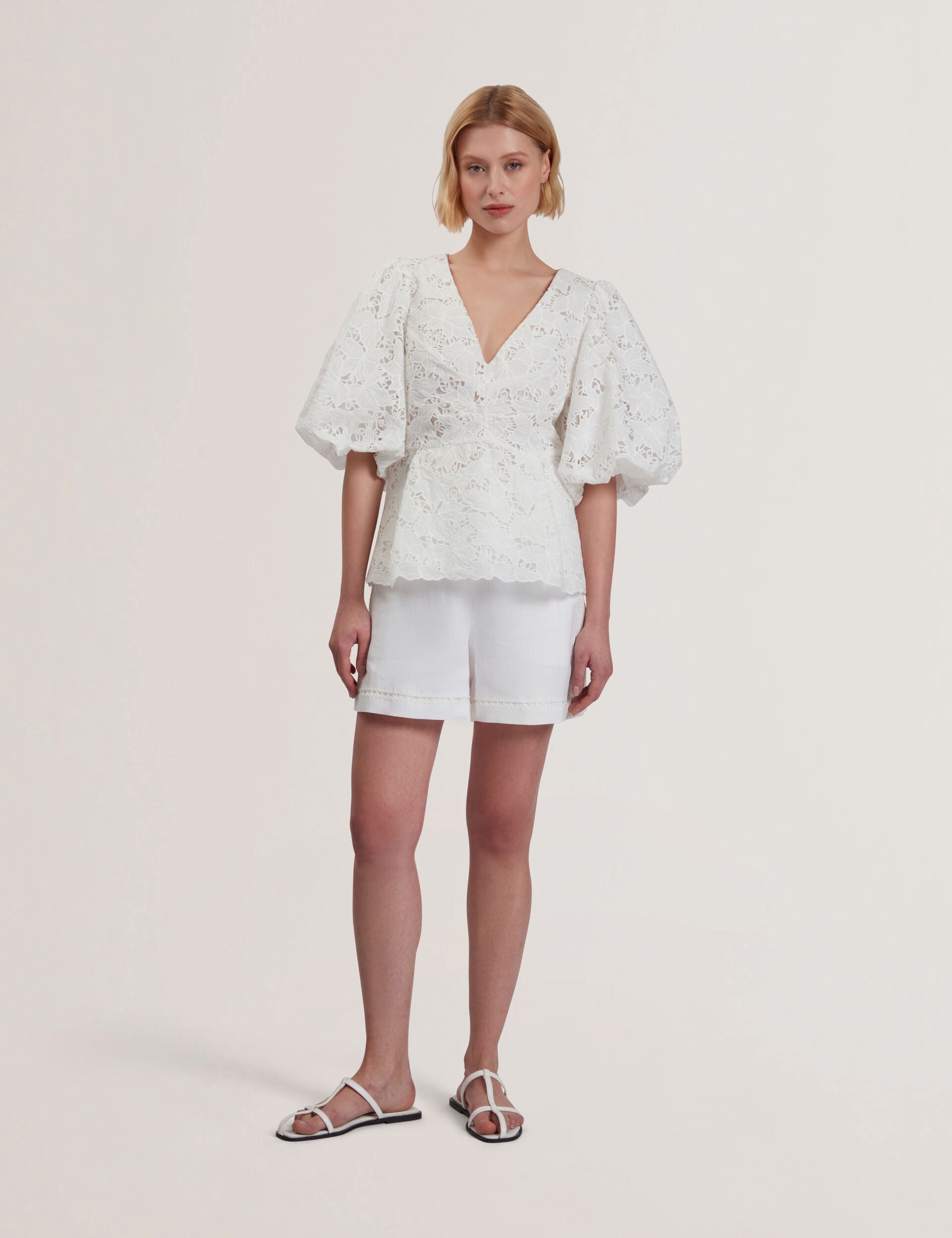 Women ELLARI - Lace Puff Sleeve V-Neck Peplum Top - Ted Baker