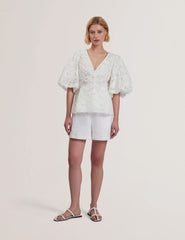 Women ELLARI - Lace Puff Sleeve V-Neck Peplum Top - Ted Baker