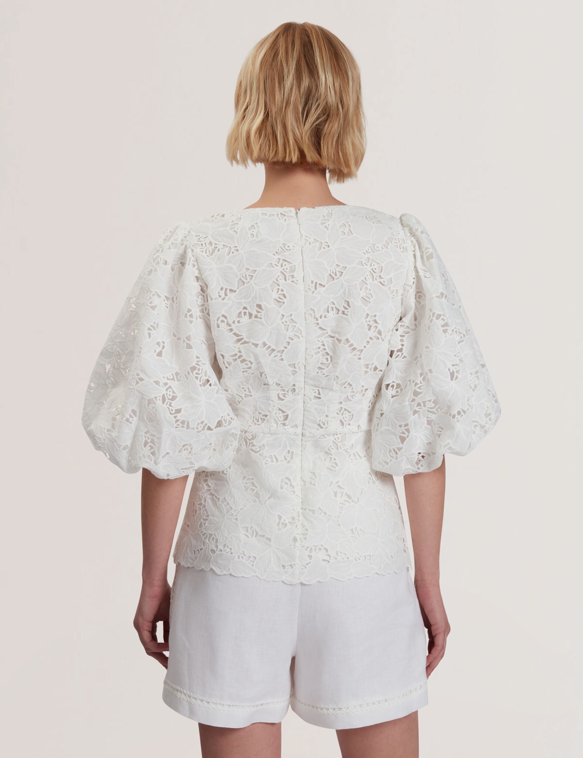 Women ELLARI - Lace Puff Sleeve V-Neck Peplum Top - Ted Baker