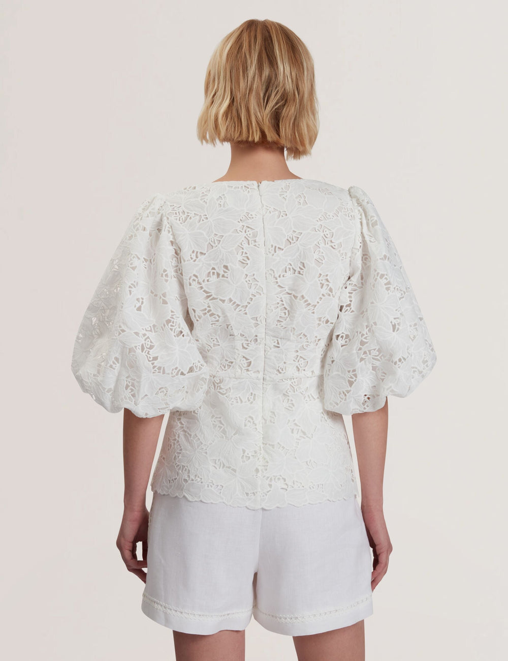 Women ELLARI - Lace Puff Sleeve V-Neck Peplum Top - Ted Baker